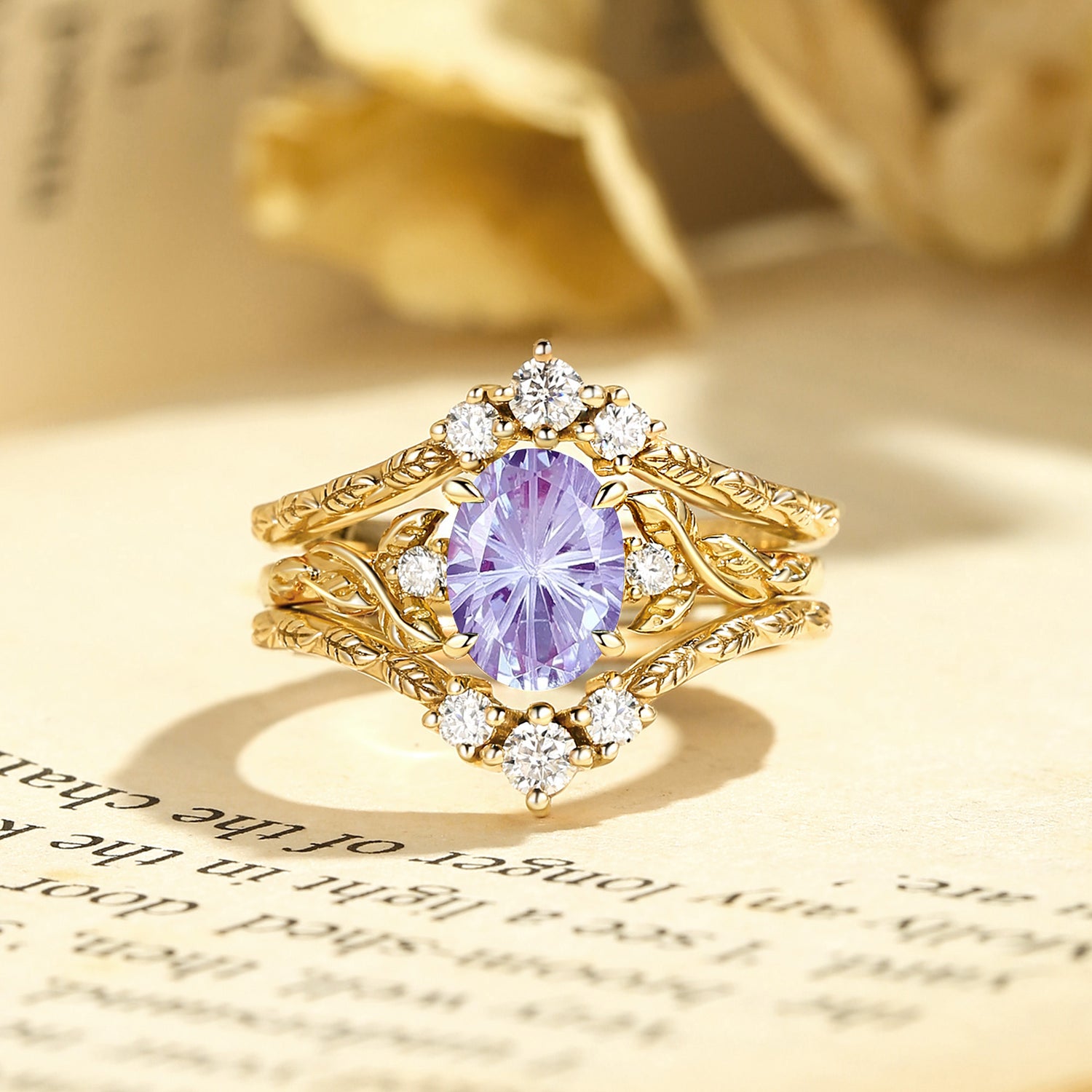 Josephine - Firework Cut Alexandrite Oval Cut Leafy Filigree Bridal Set 2pcs