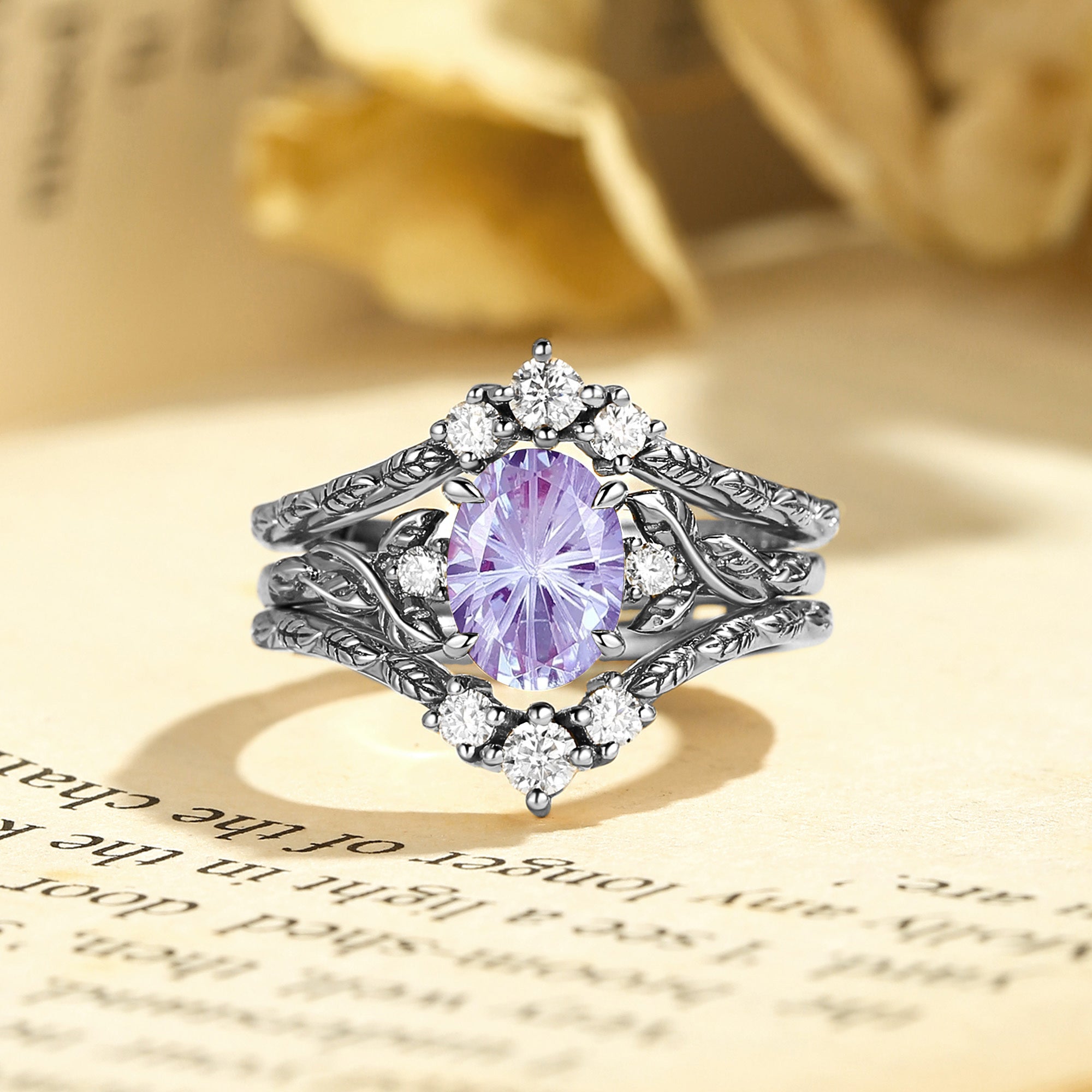 Josephine - Firework Cut Alexandrite Oval Cut Leafy Filigree Bridal Set 2pcs