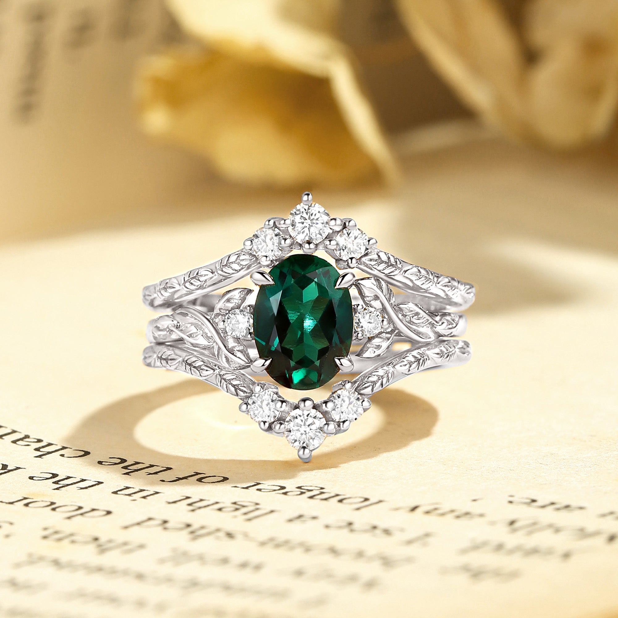 Josephine - Lab Emerald Oval Cut Leafy Filigree Bridal Set 2pcs