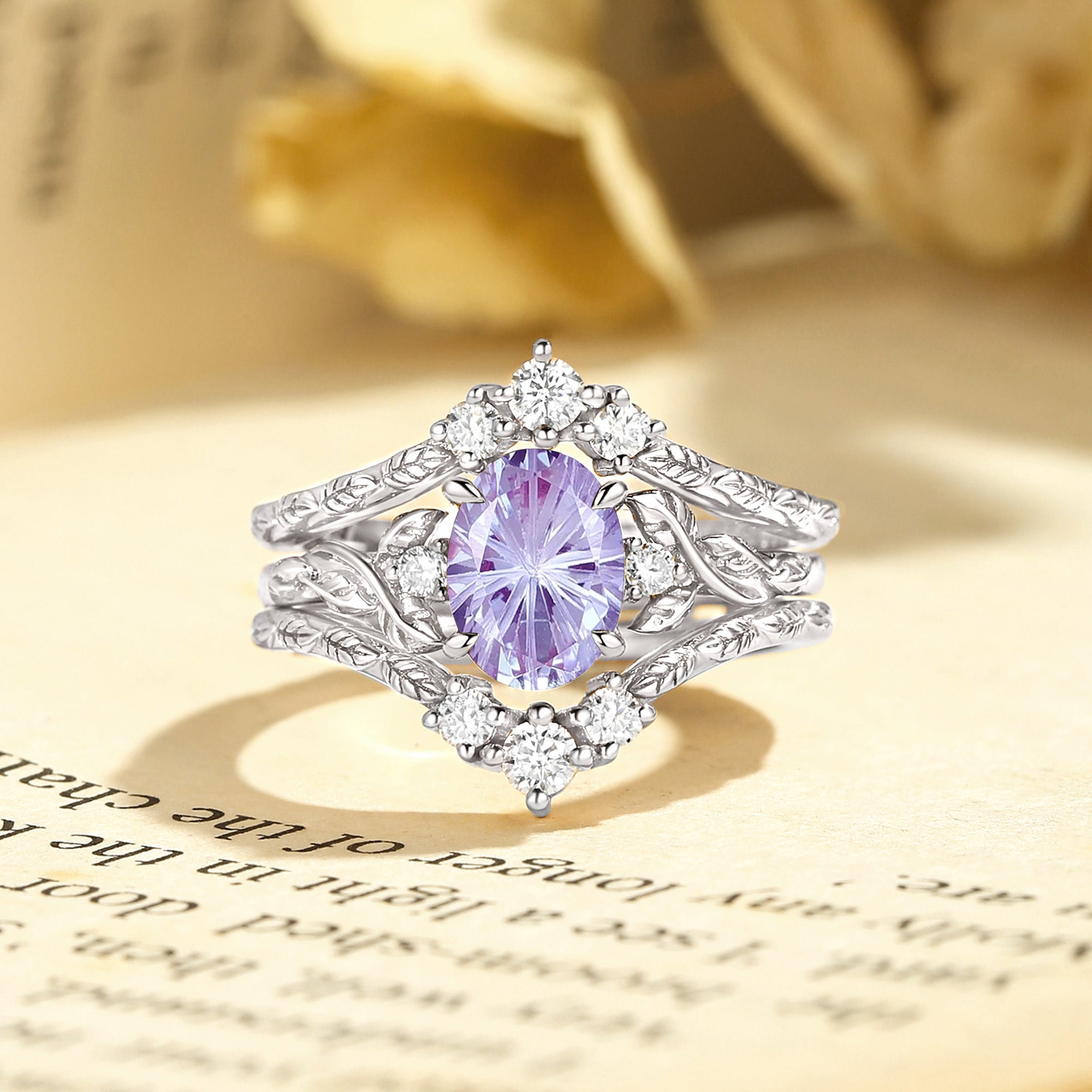 Josephine - Firework Cut Alexandrite Oval Cut Leafy Filigree Bridal Set 2pcs