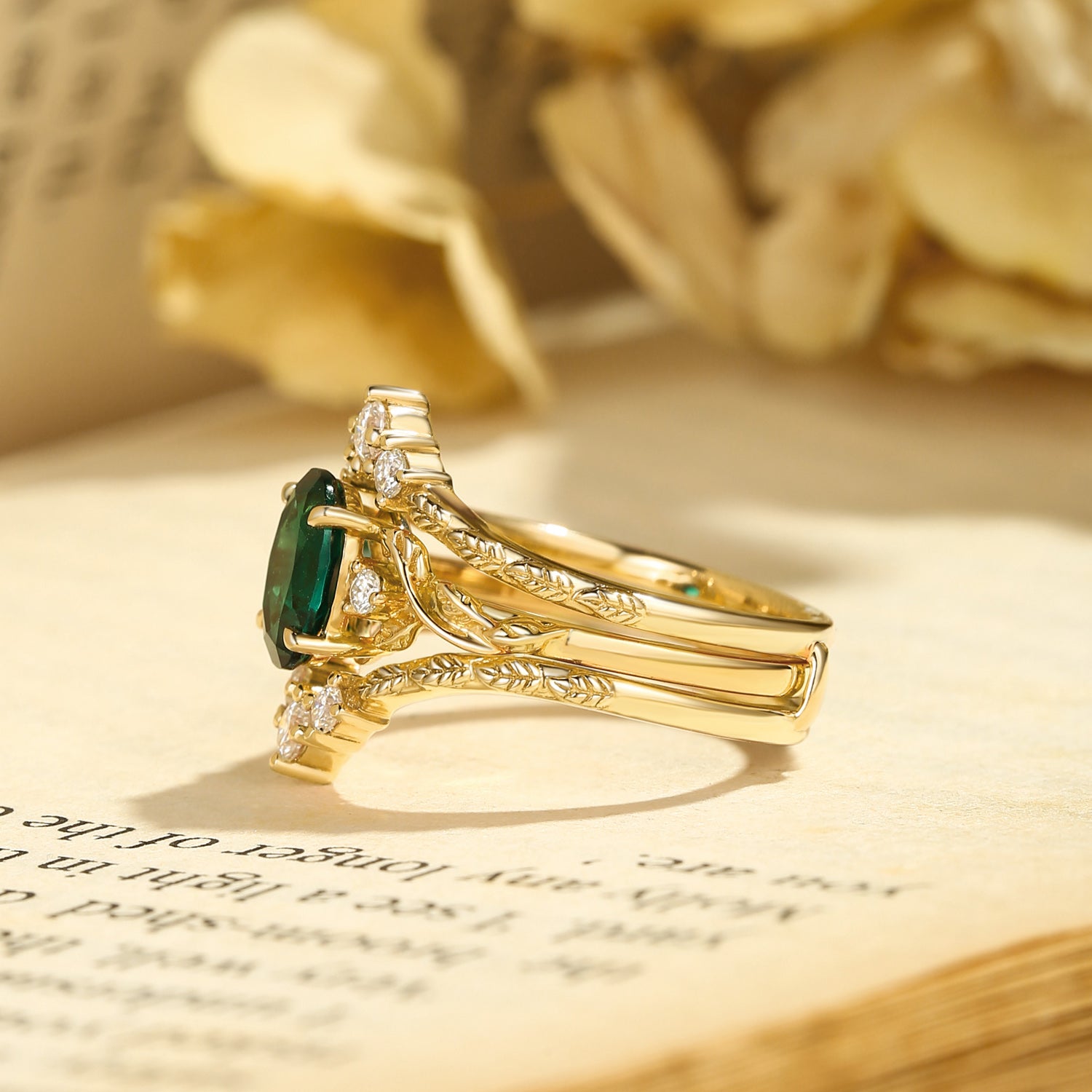 Josephine - Lab Emerald Oval Cut Leafy Filigree Bridal Set 2pcs