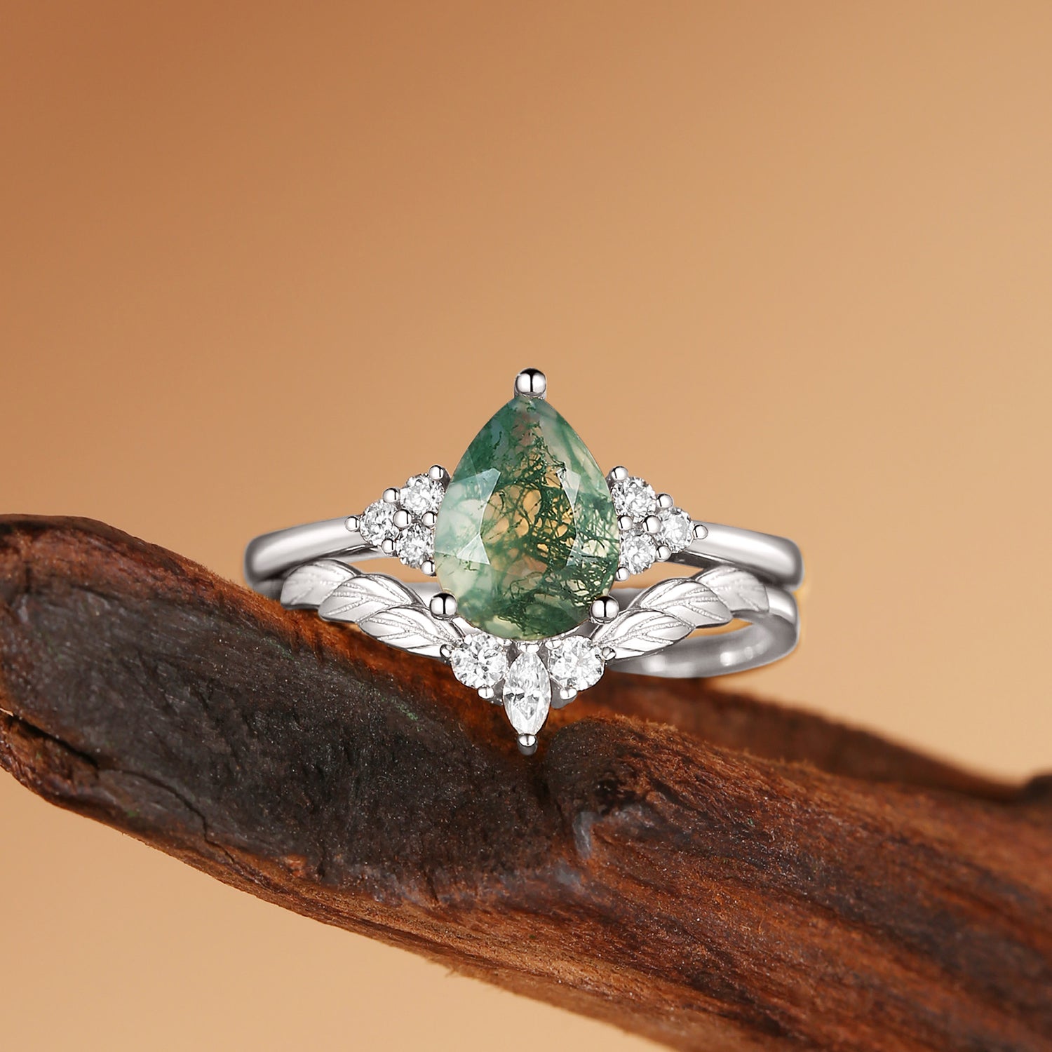 Constance - Unique Moss Agate Leaf Engagement Ring Set 2pcs