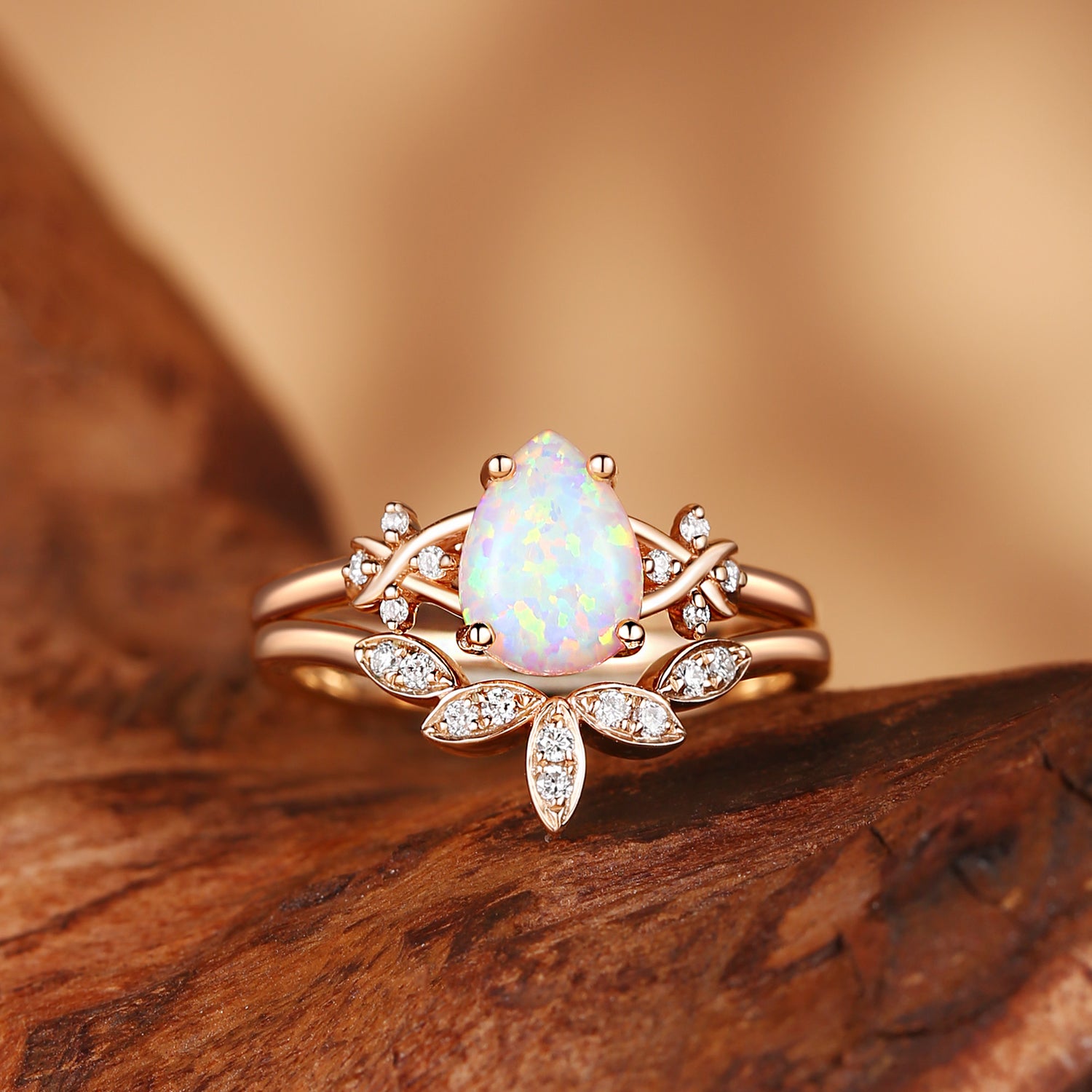 Adelaide - Pear Cut Opal Infinity Engagement Ring Set 2pcs