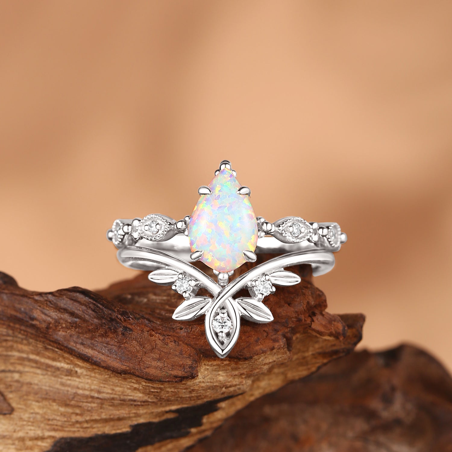 Cecilia  - Pear Cut Opal Vintage Classic Engagement Ring Set 2pcs