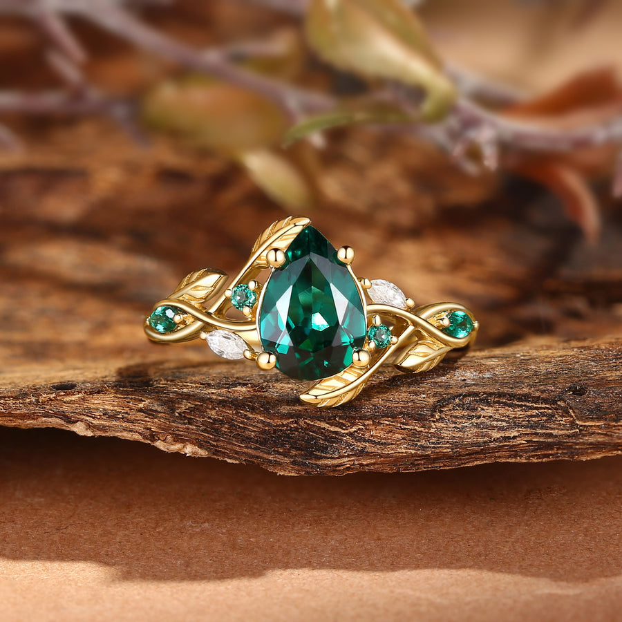 Nature Inspried Lab Emerald Pear Cut Leaf Engagement Ring
