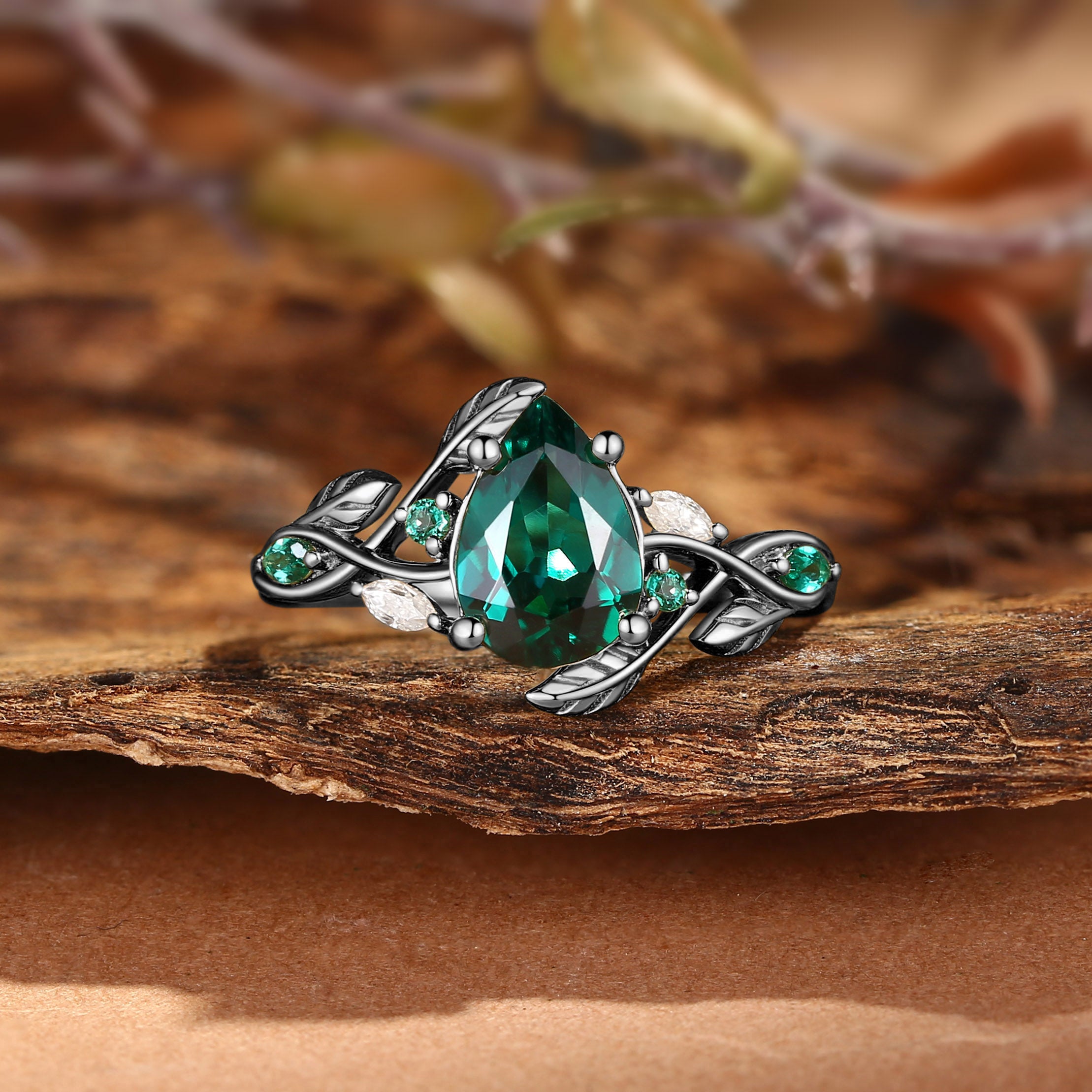 Everly - Nature Inspried Lab Emerald Pear Cut Leaf Engagement Ring