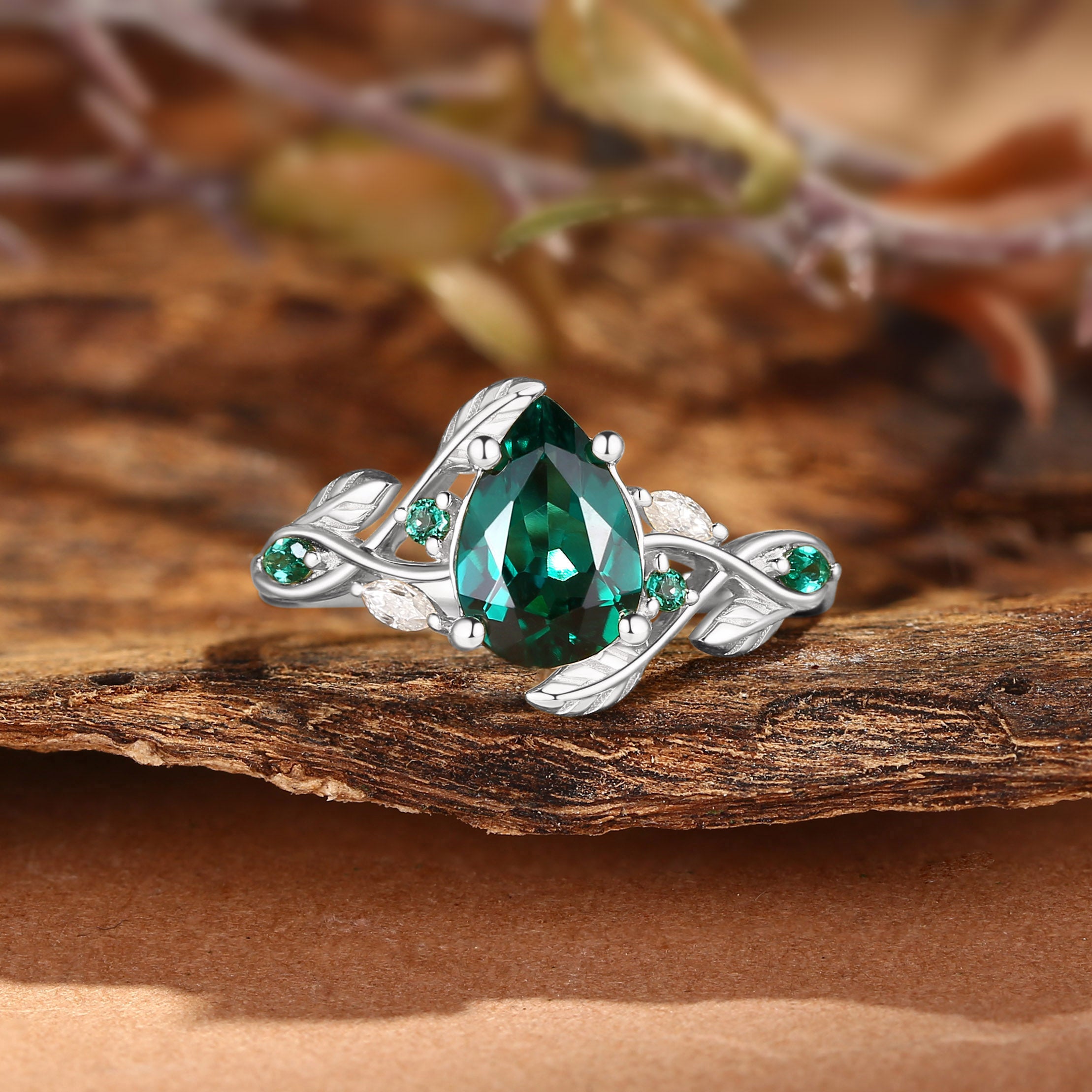Everly - Nature Inspried Lab Emerald Pear Cut Leaf Engagement Ring