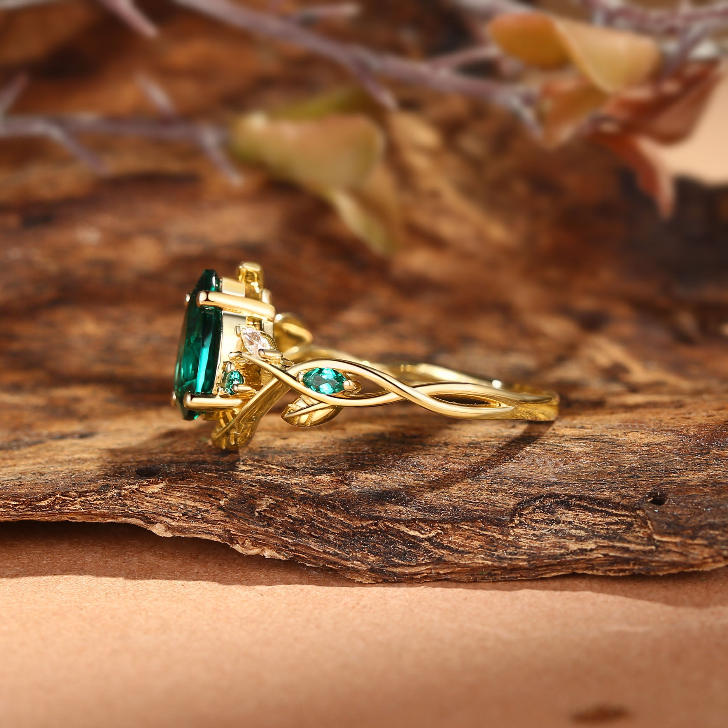 Everly - Nature Inspried Lab Emerald Pear Cut Leaf Engagement Ring