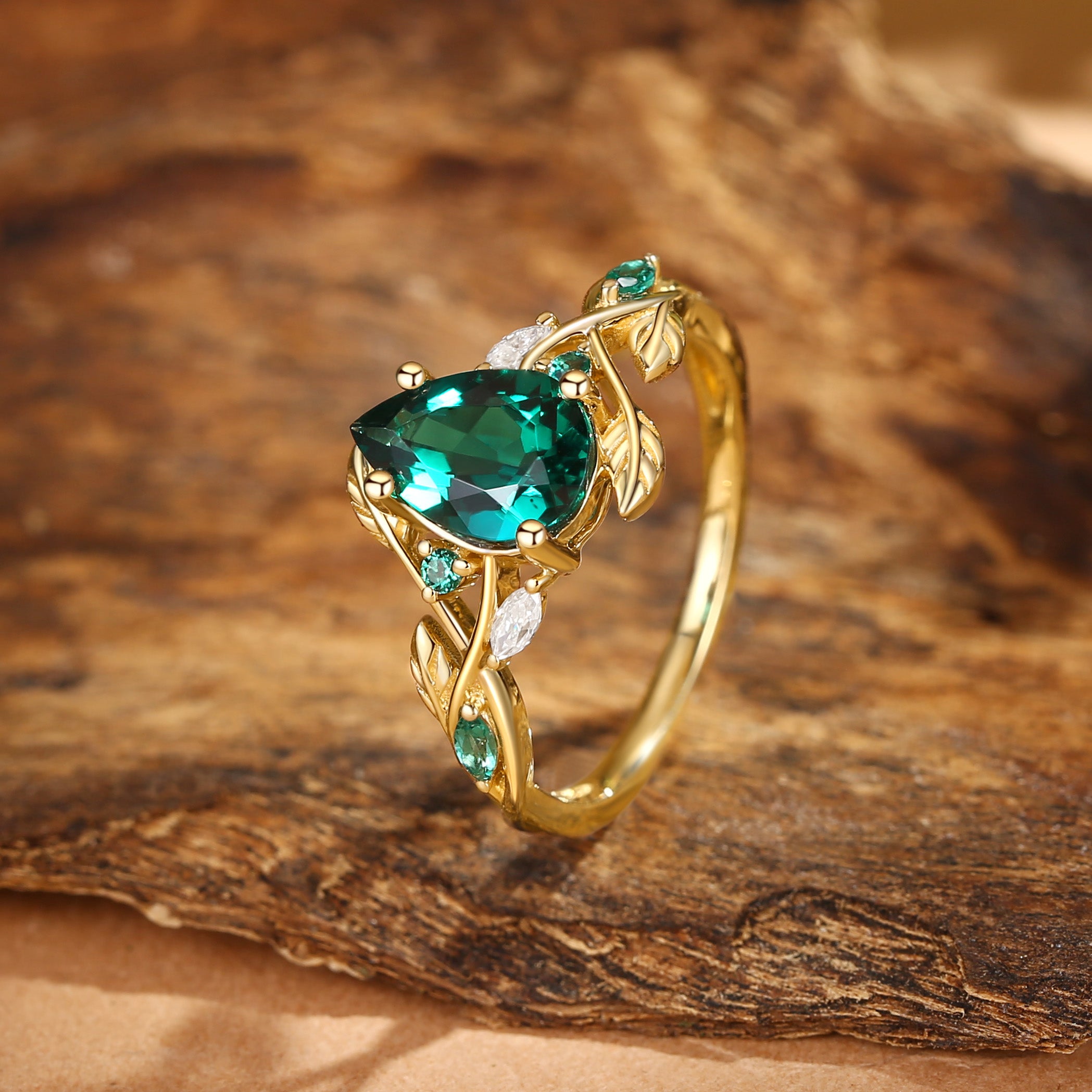 Everly - Nature Inspried Lab Emerald Pear Cut Leaf Engagement Ring