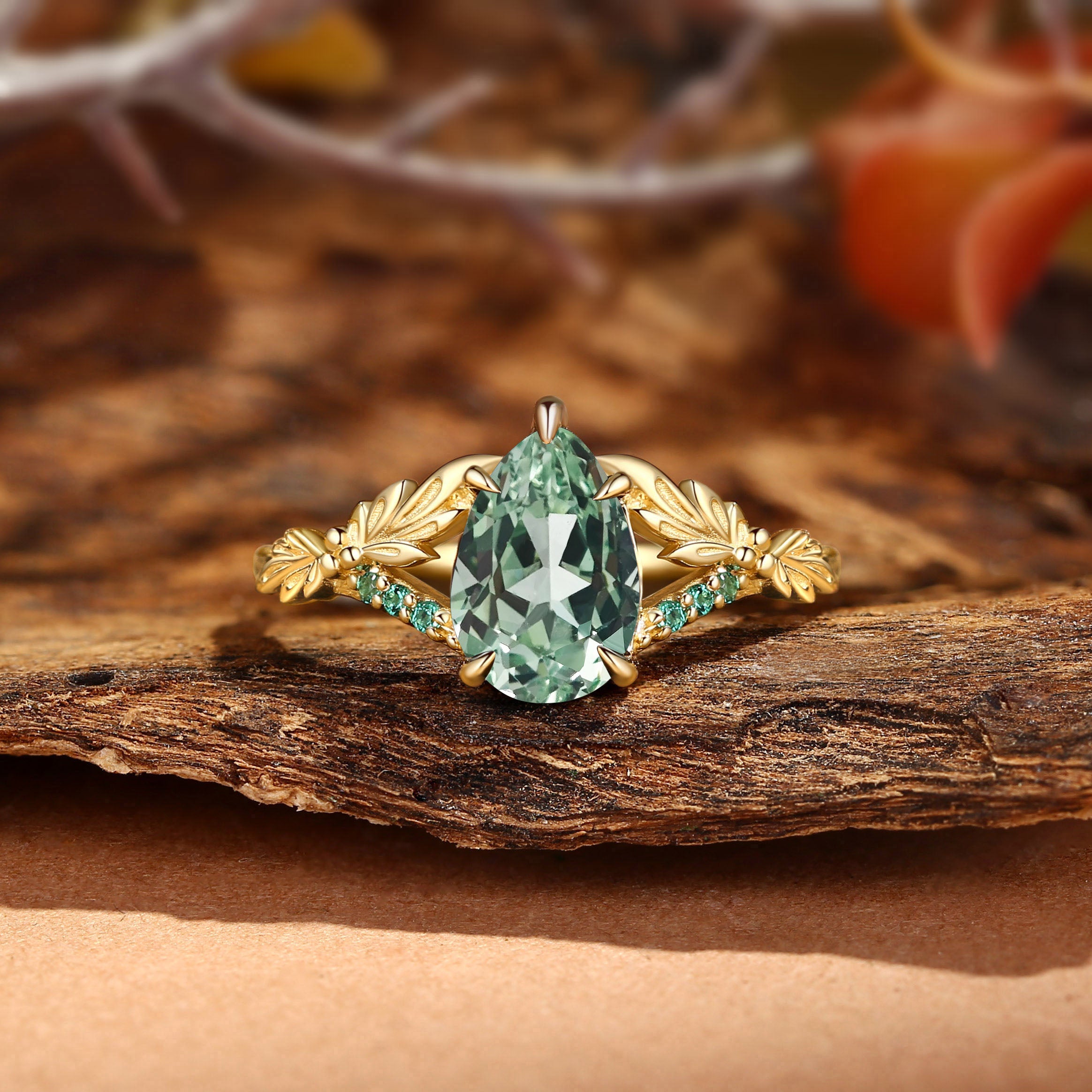 BlingFlare Large Carat Lab Green Sapphire Leaf Engagement Ring