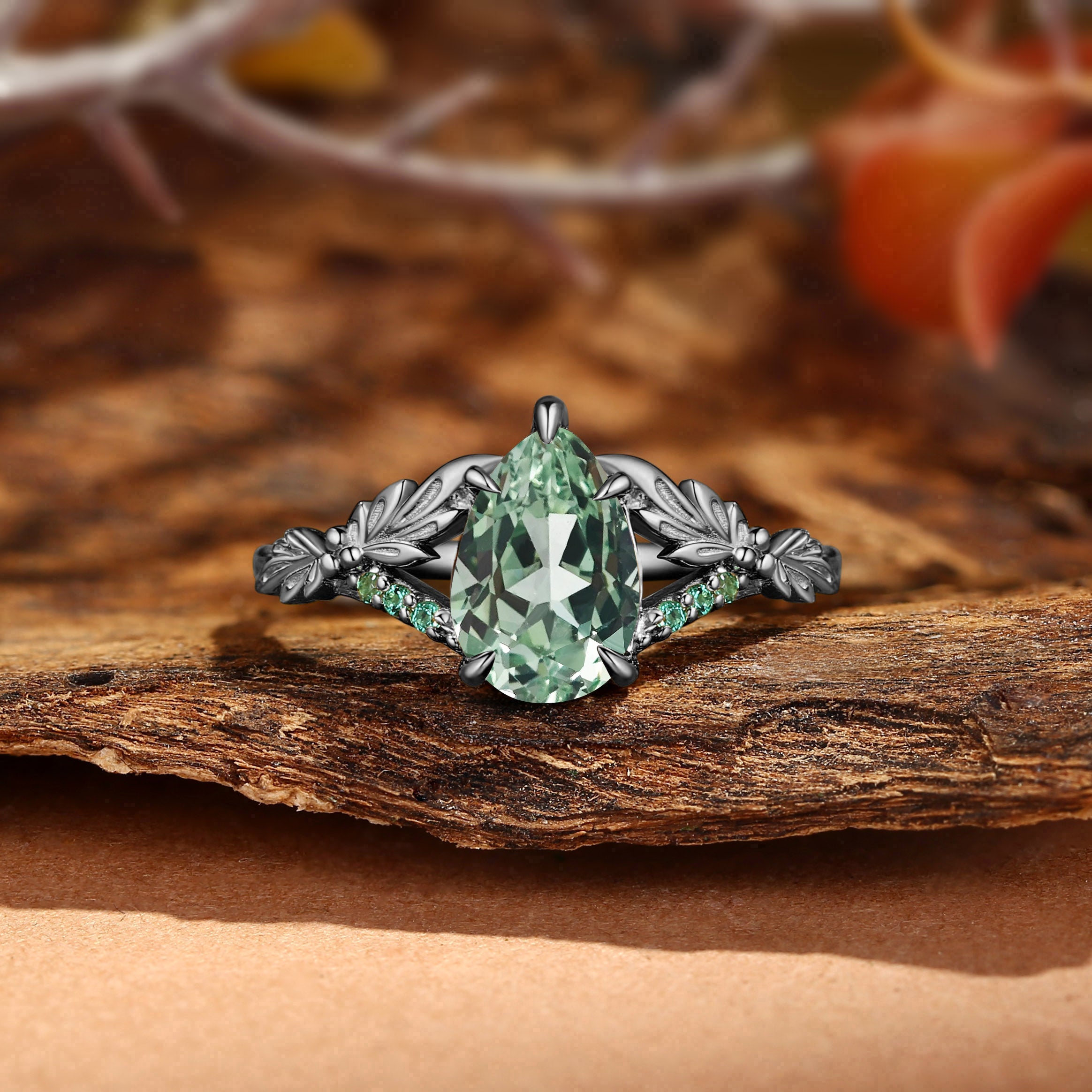 BlingFlare Large Carat Lab Green Sapphire Leaf Engagement Ring - Klara