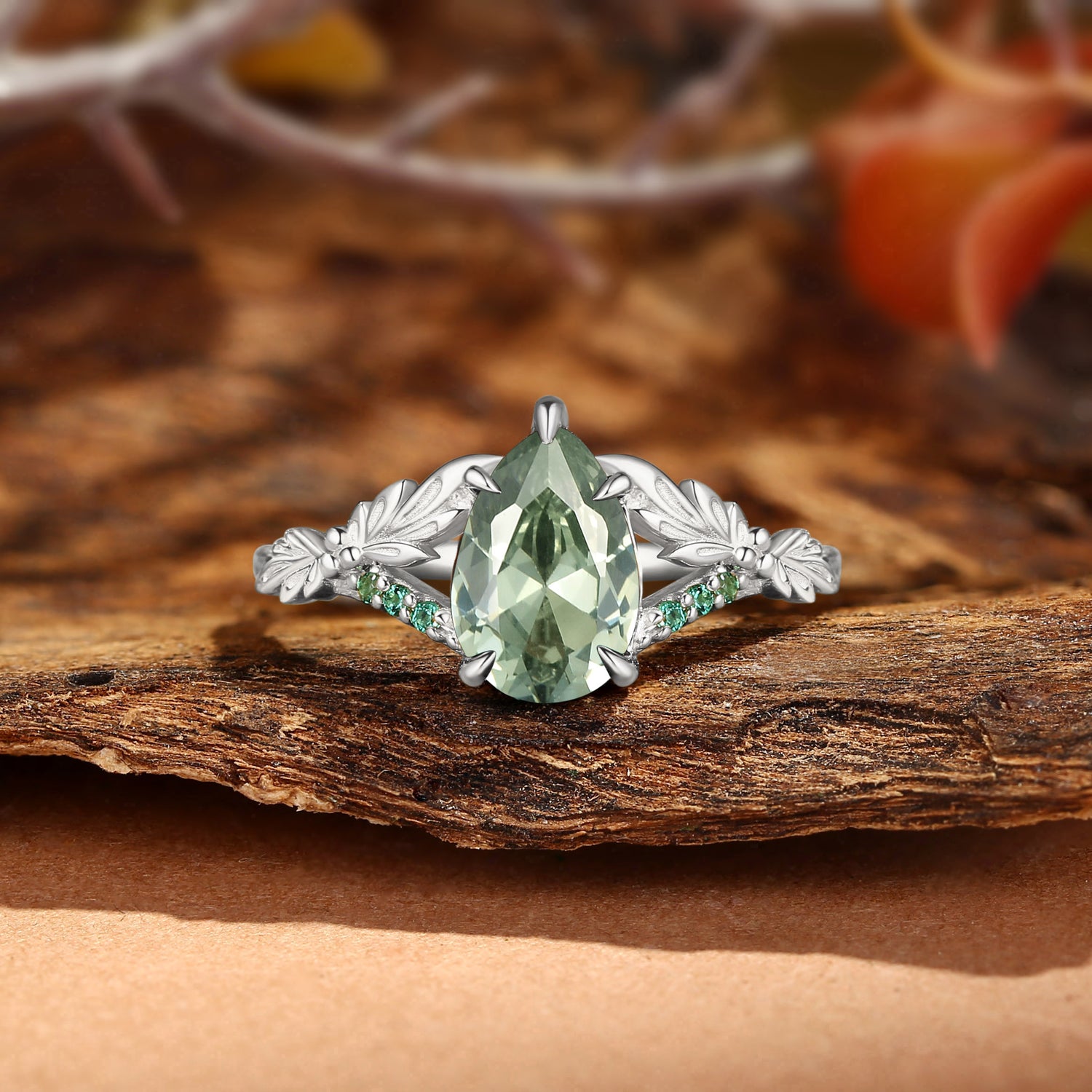 Klara - Large Carat Lab Green Sapphire Leaf Engagement Ring