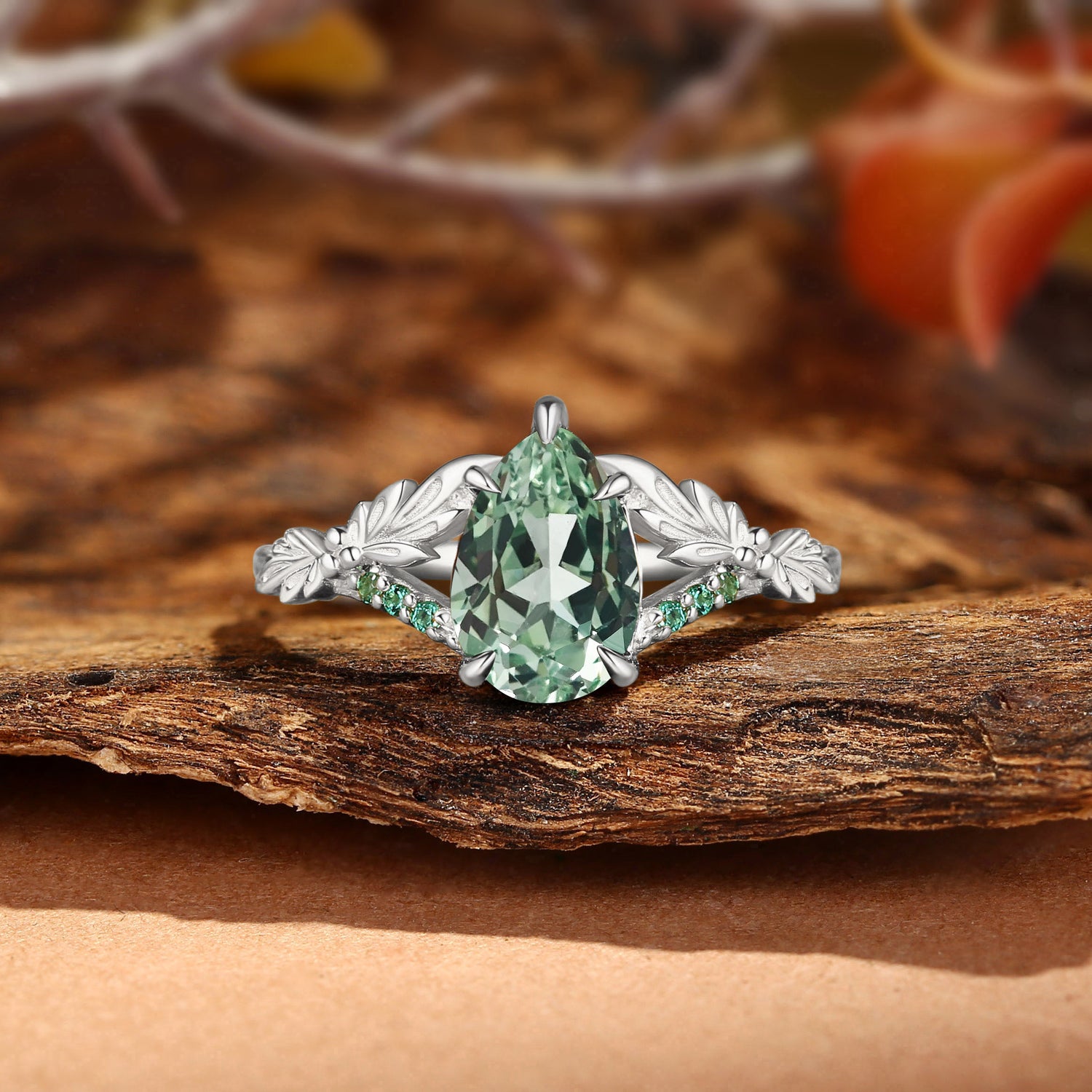 BlingFlare Large Carat Lab Green Sapphire Leaf Engagement Ring - Klara