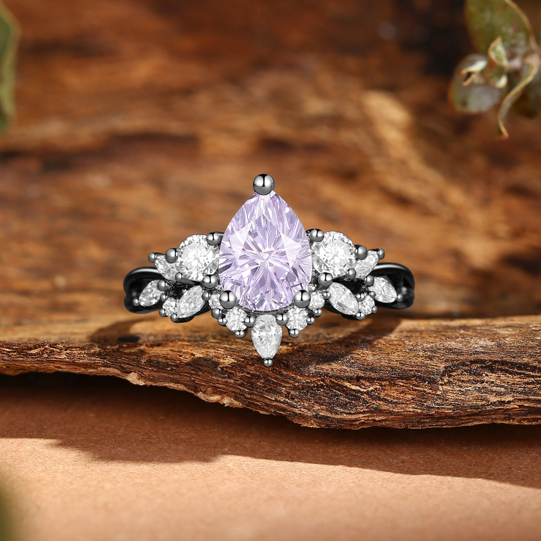 Elaia - Three Stone Firework Pear Cut Purple Sapphire Cluster Engagement Ring Set 2pcs