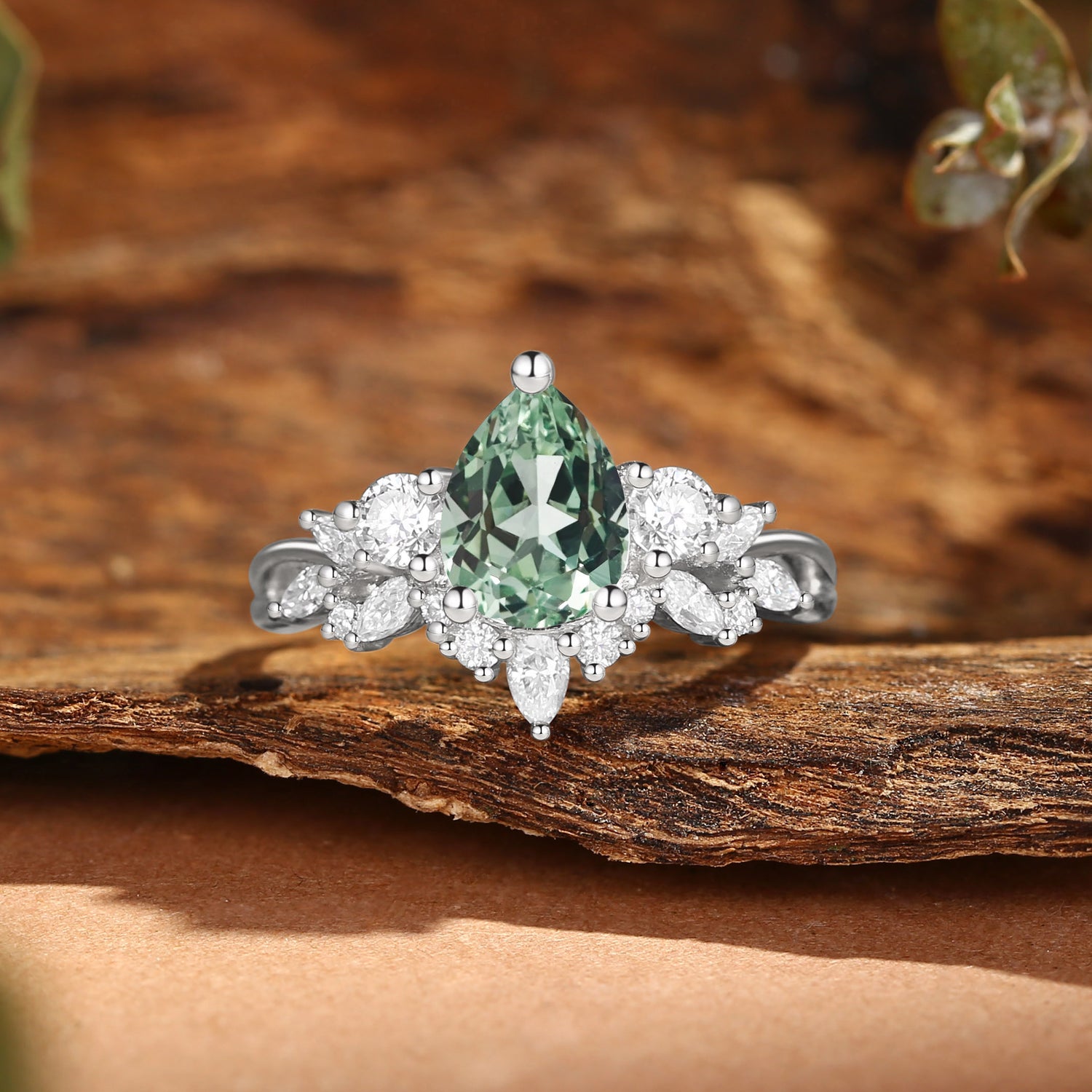 Elaia - Three Stone Pear Cut Green Sapphire Cluster Engagement Ring