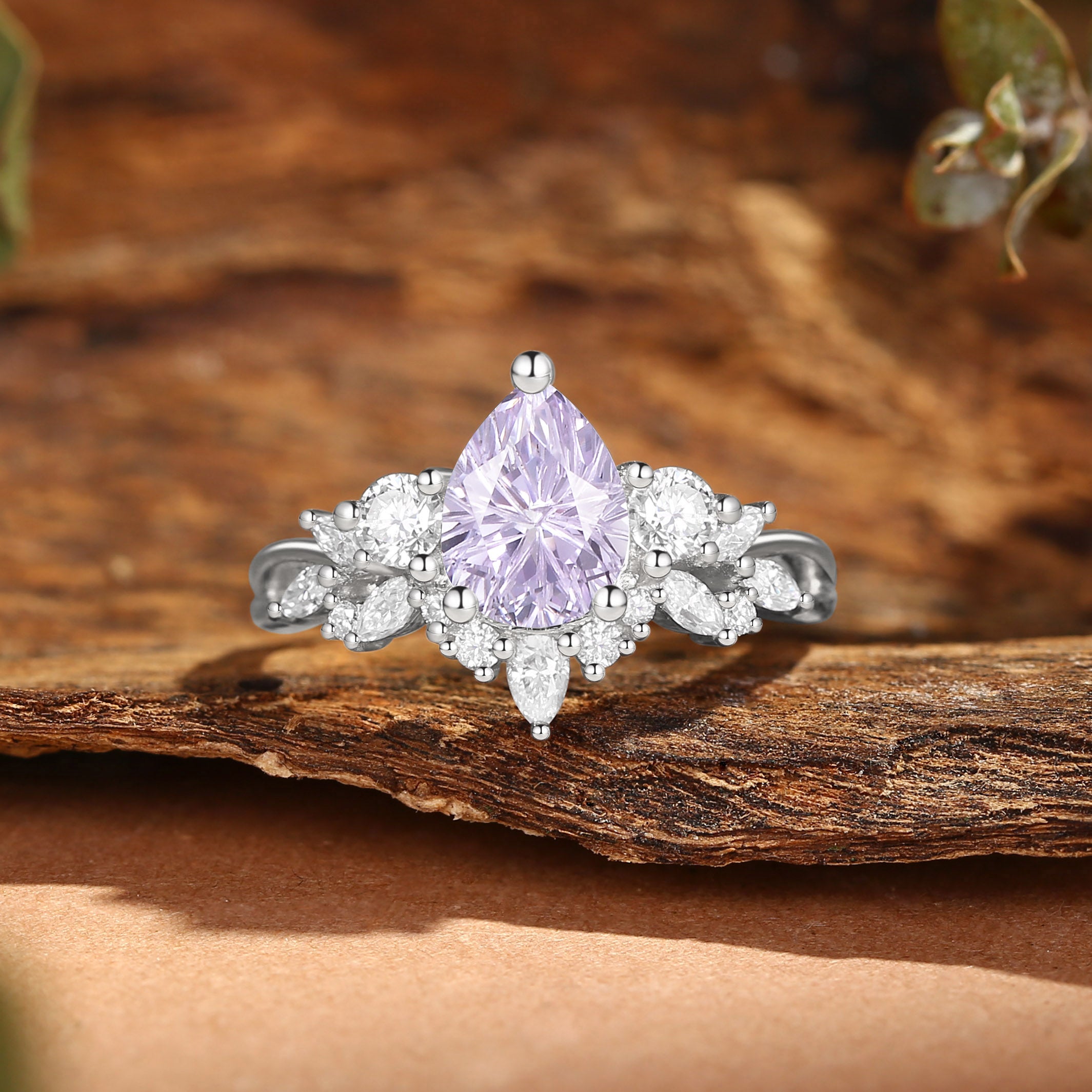 Elaia - Three Stone Firework Pear Cut Purple Sapphire Cluster Engagement Ring Set 2pcs