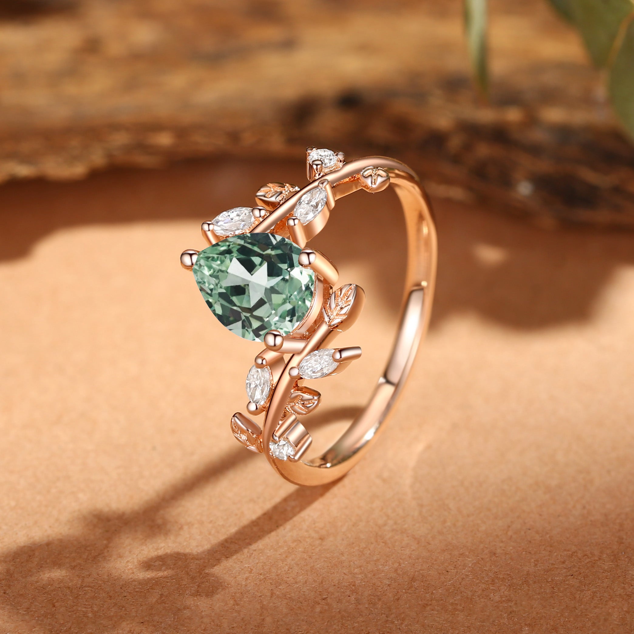 Pear Cut Green Sapphire Branch Leafy Inspired Engagement Ring - Clara