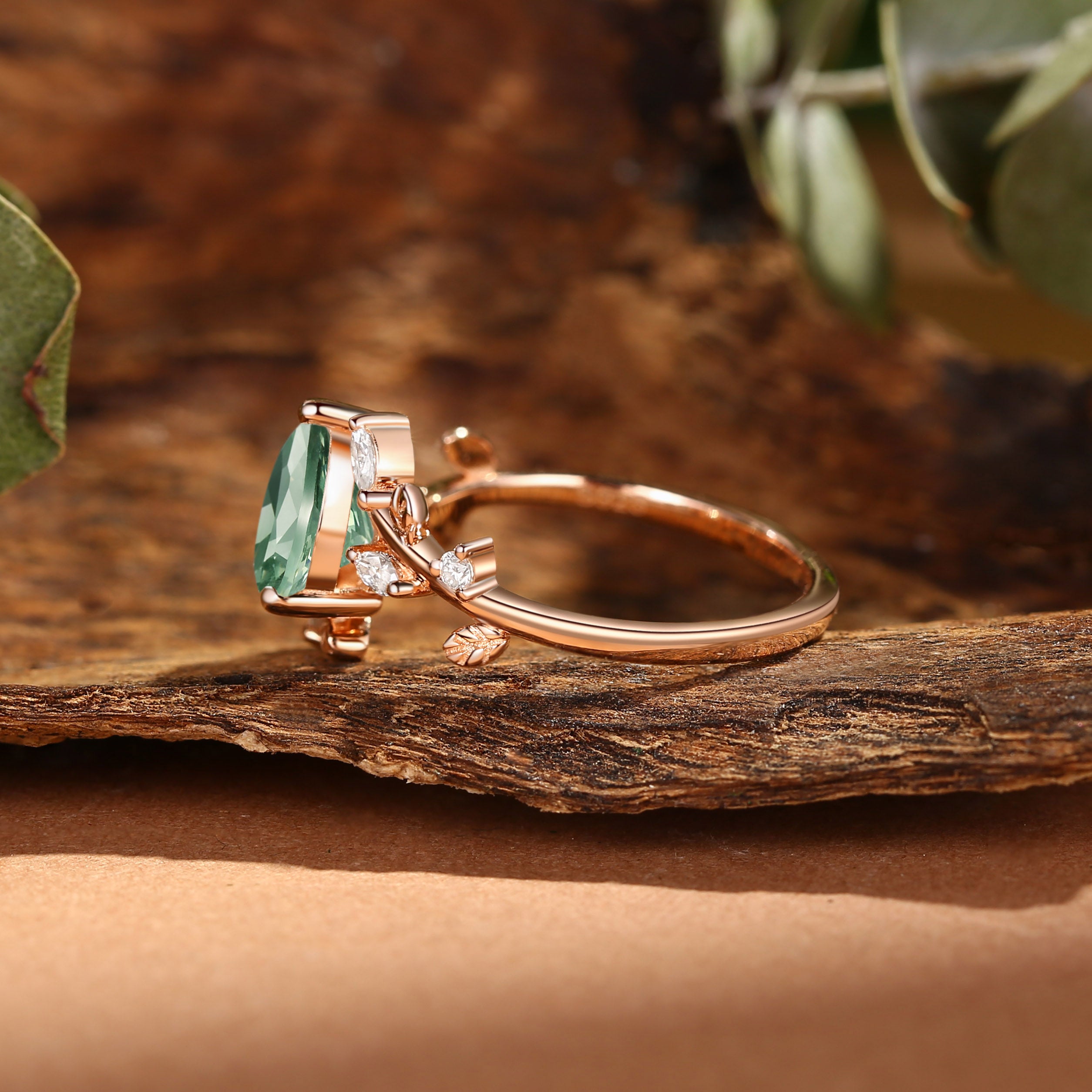 Pear Cut Green Sapphire Branch Leafy Inspired Engagement Ring - Clara