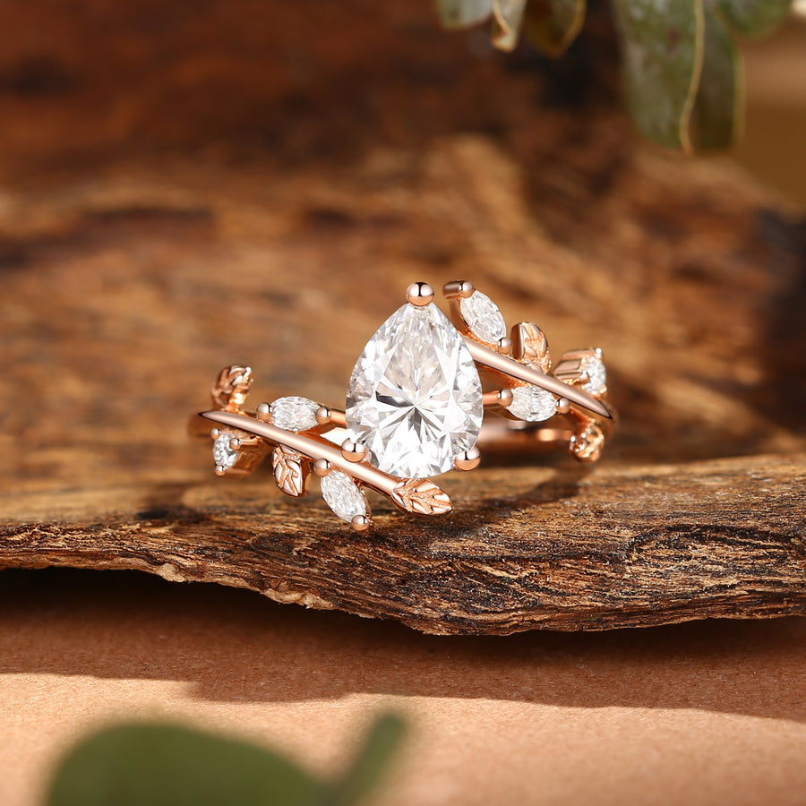 Pear Cut Moissanite Branch Leafy Inspired Engagement Ring