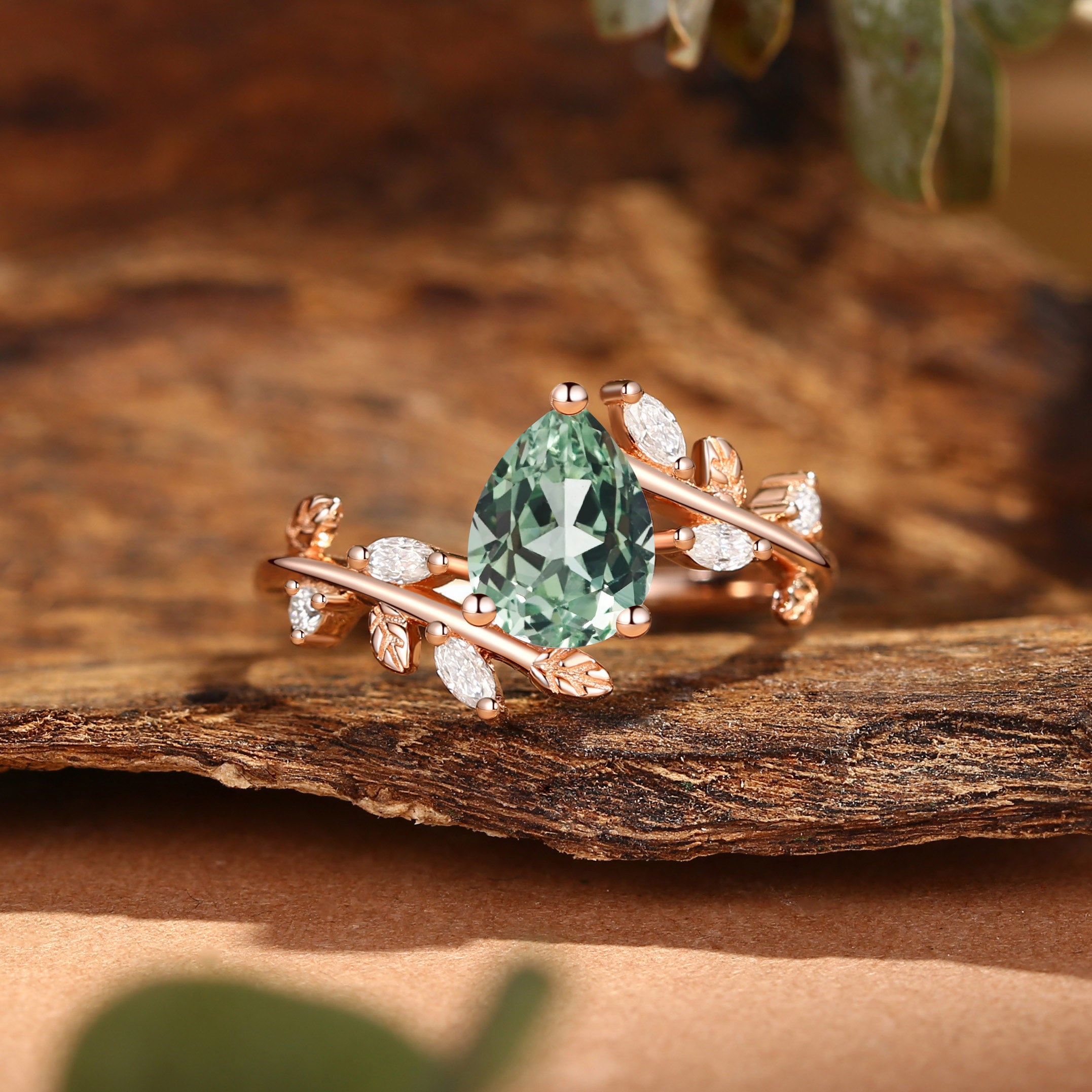Pear Cut Green Sapphire Branch Leafy Inspired Engagement Ring - Clara