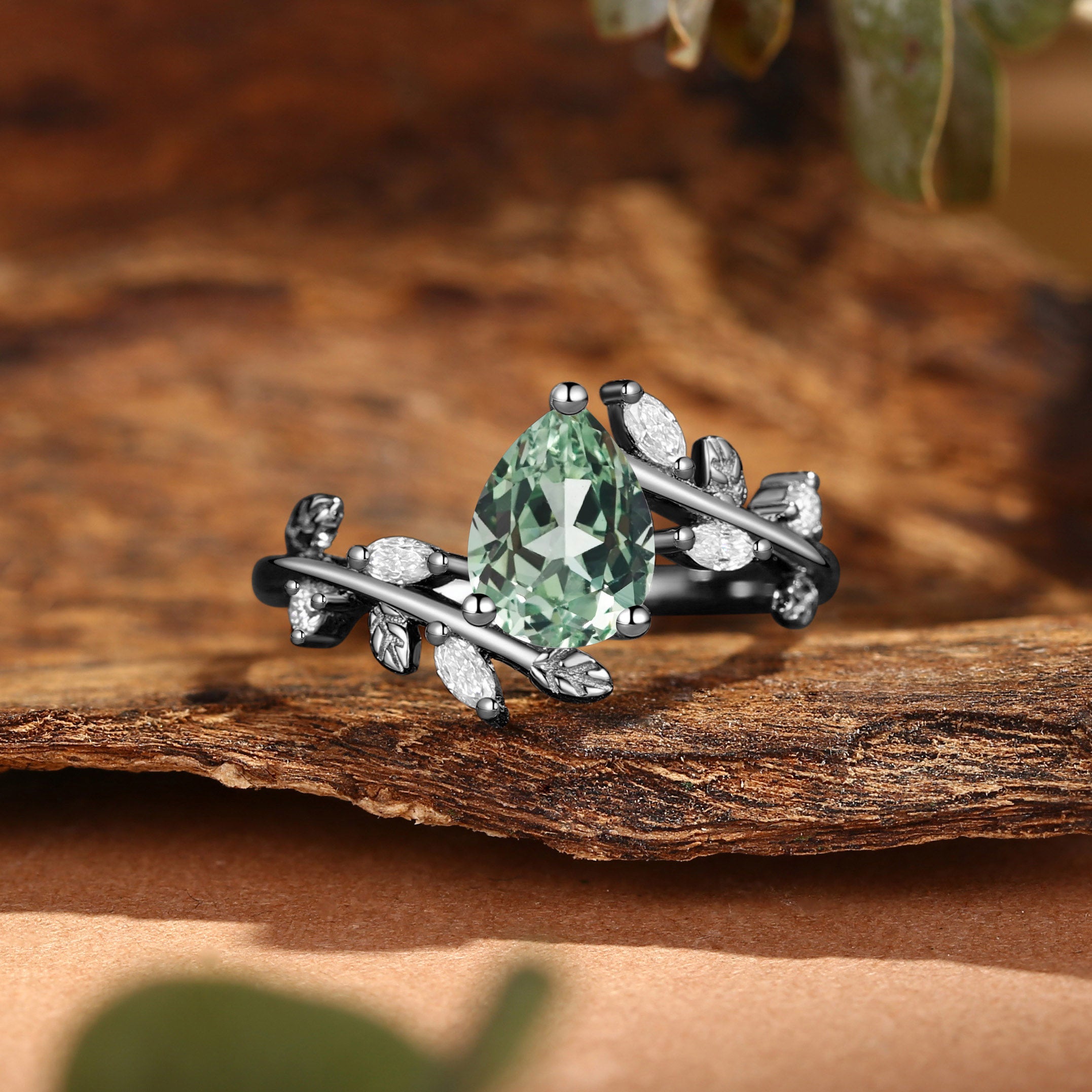 Pear Cut Green Sapphire Branch Leafy Inspired Engagement Ring - Clara