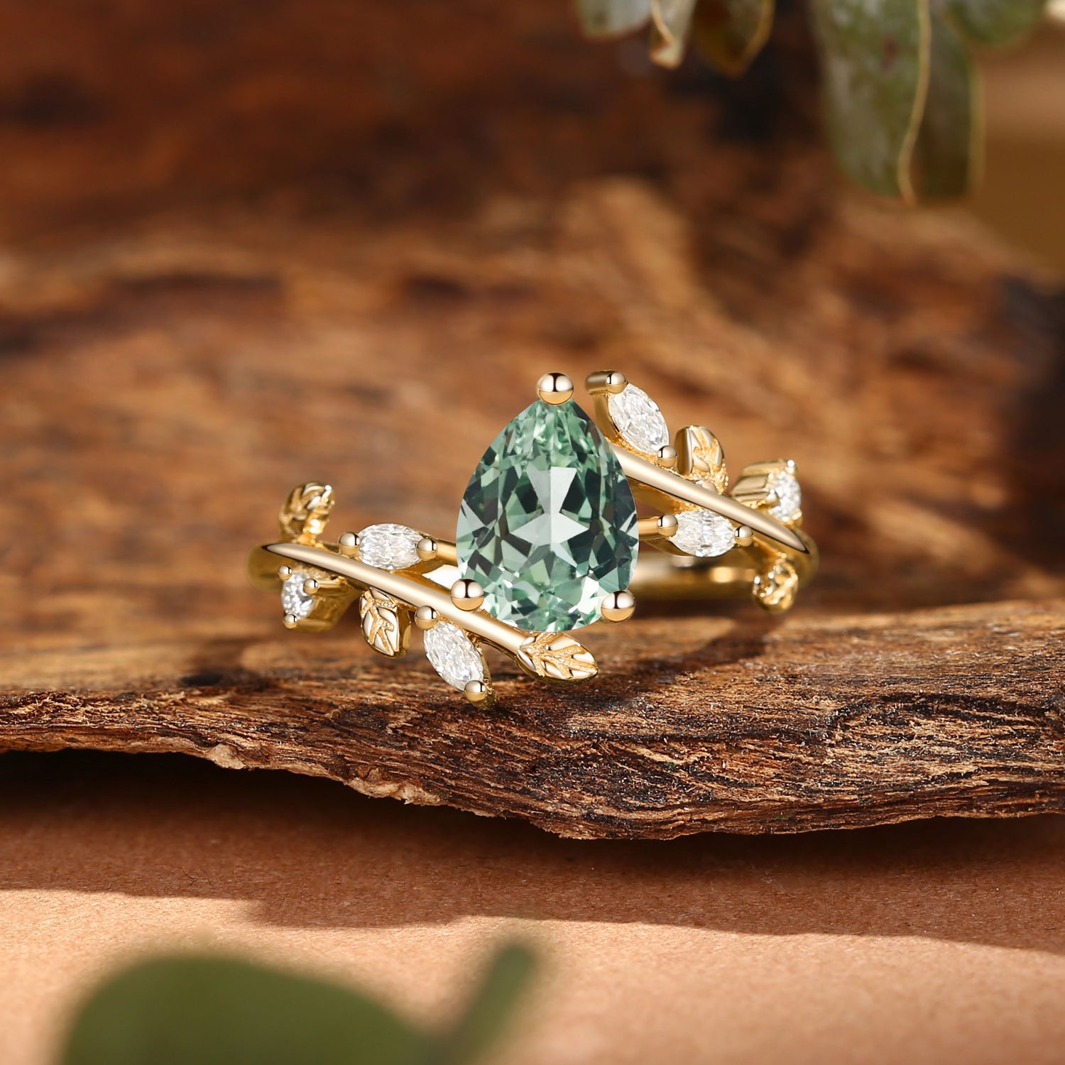 Pear Cut Green Sapphire Branch Leafy Inspired Engagement Ring - Clara