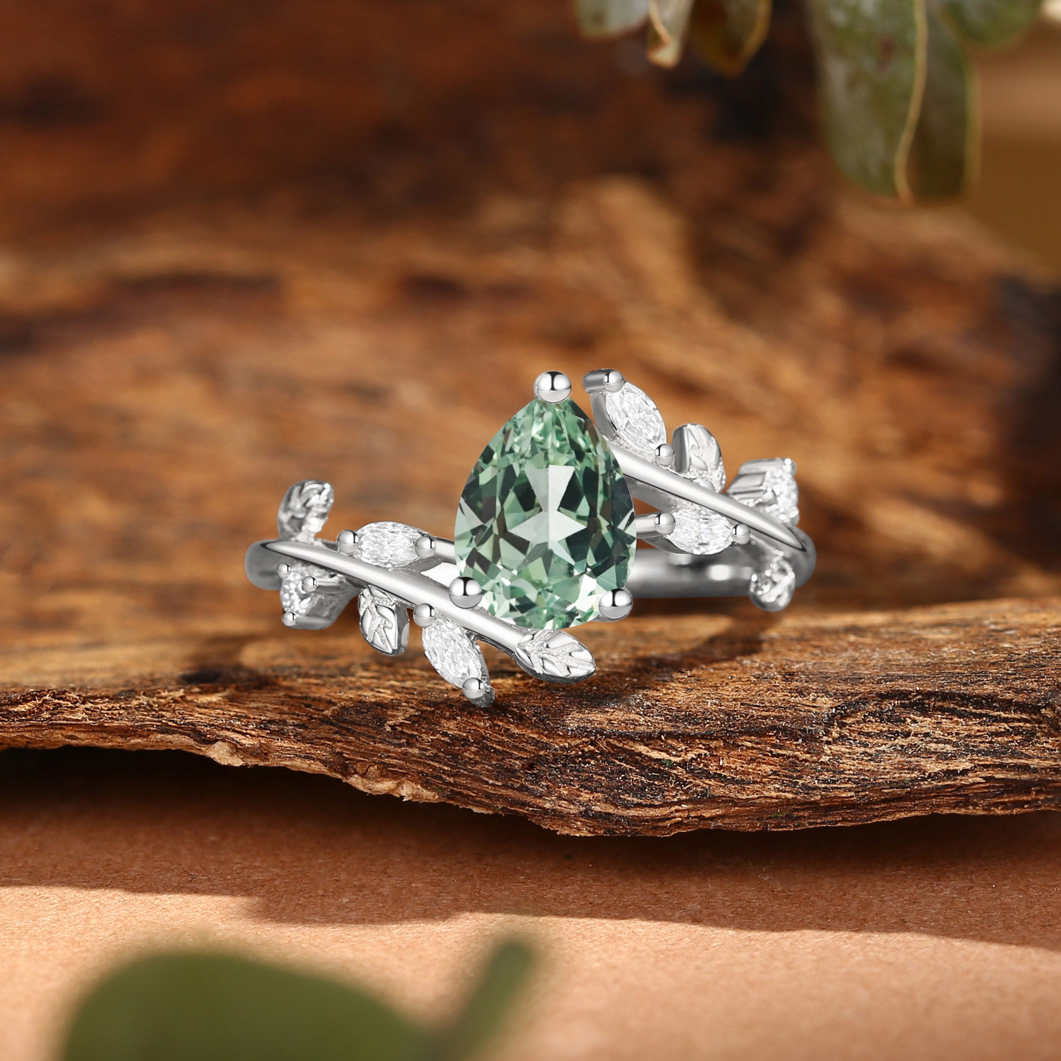 Pear Cut Green Sapphire Branch Leafy Inspired Engagement Ring - Clara