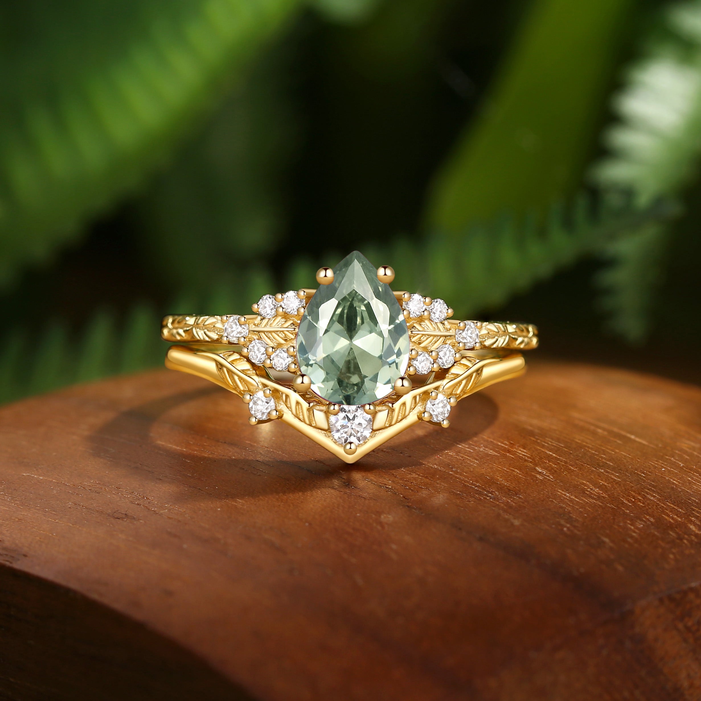 Hortense -  Leaf Nature Inspired Pear Cut Lab Green Sapphire Engagement Ring Set 2pcs