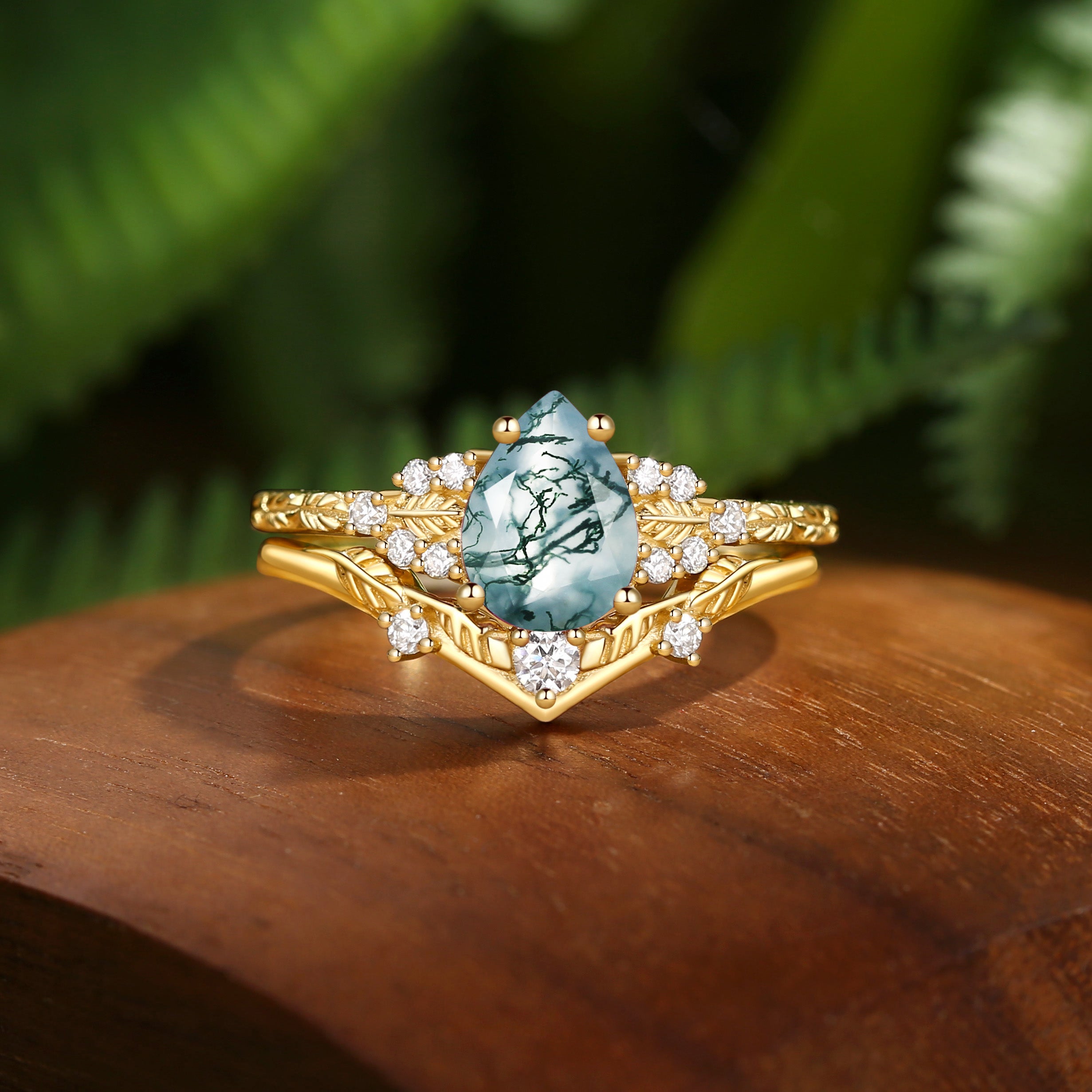 Hortense -  Leaf Nature Inspired Pear Cut Moss Agate Engagement Ring Set 2pcs
