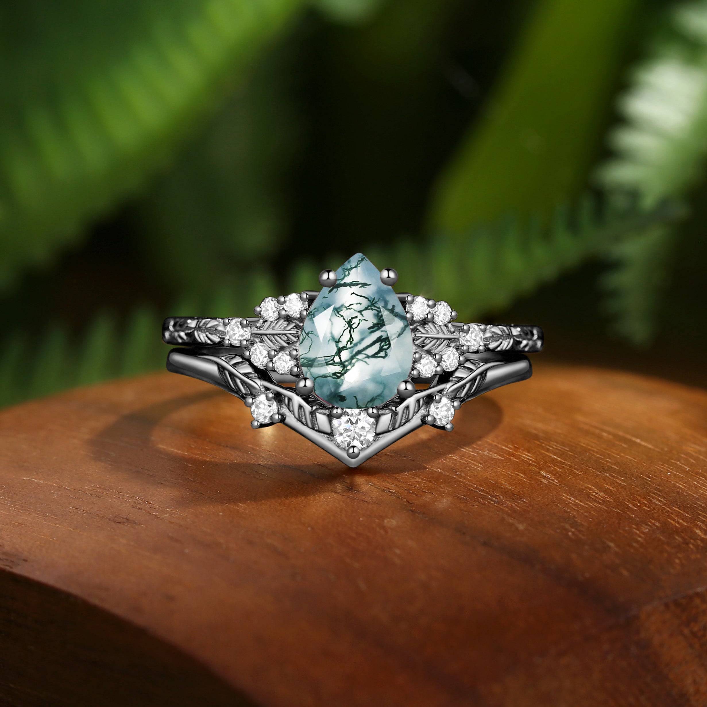 Hortense -  Leaf Nature Inspired Pear Cut Moss Agate Engagement Ring Set 2pcs