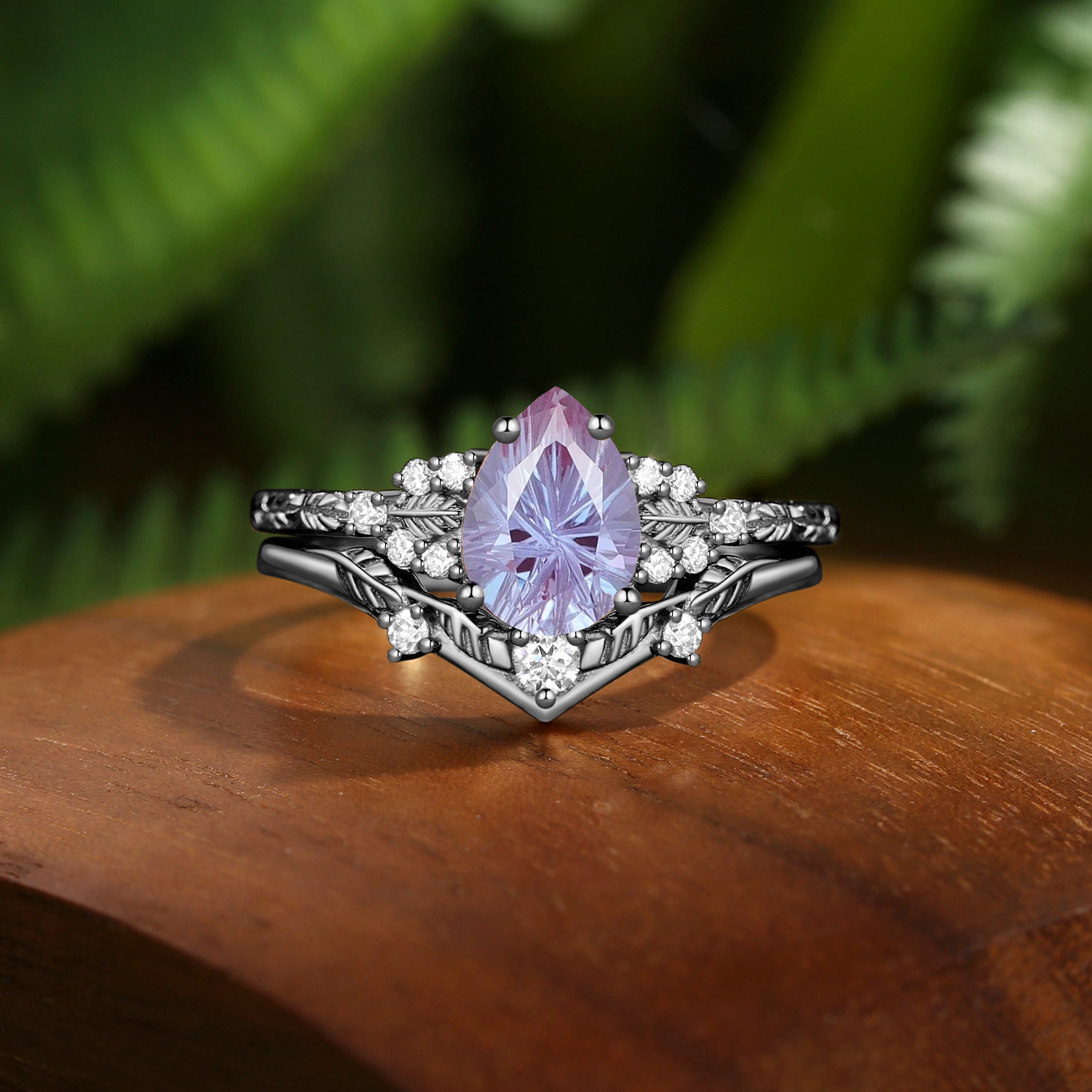 Hortense -  Leaf Nature Inspired Firework Cut Alexandrite Engagement Ring Set 2pcs