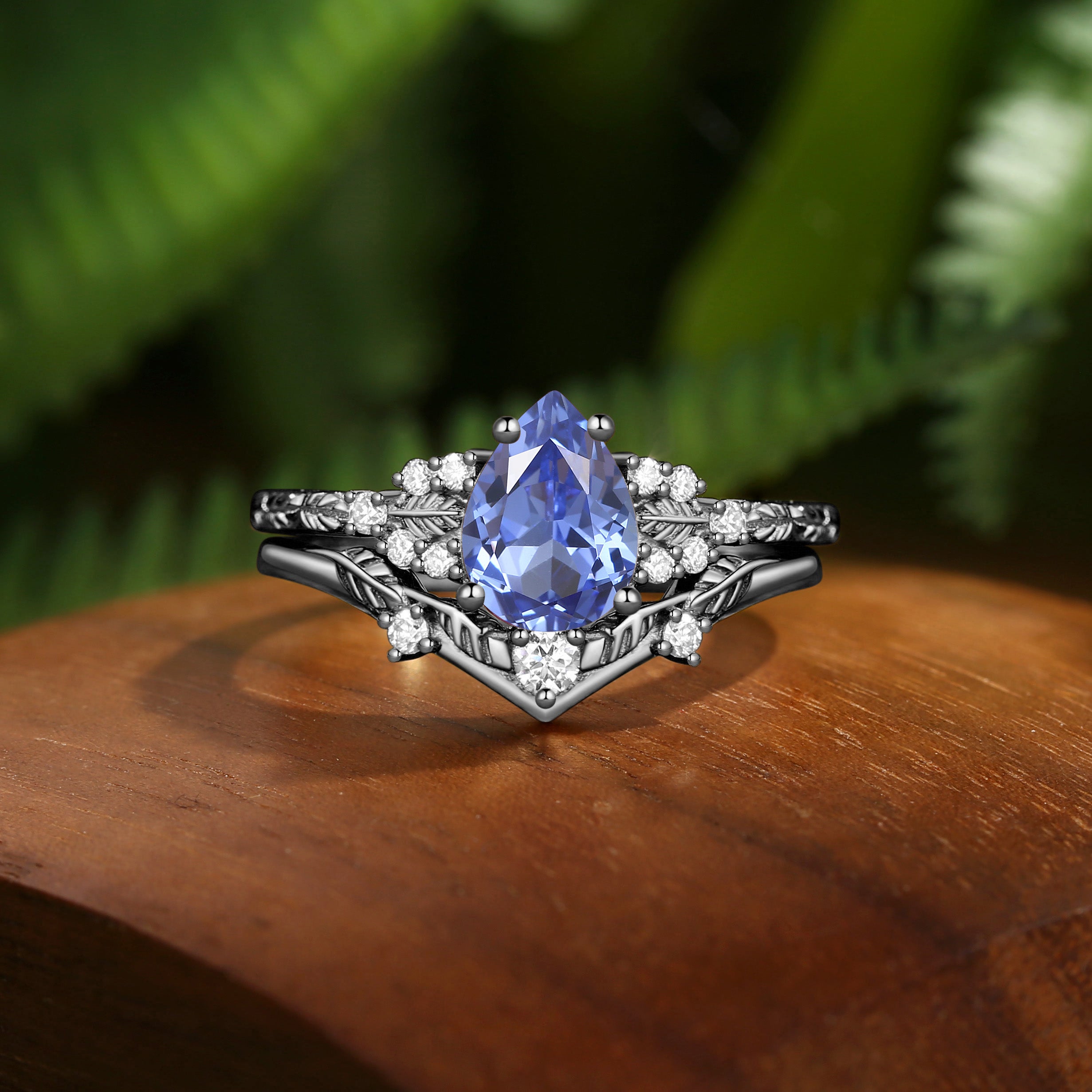 Leaf Nature Inspired Pear Cut Cornflower Blue Sapphire Engagement Ring Set 2pcs - Hortense