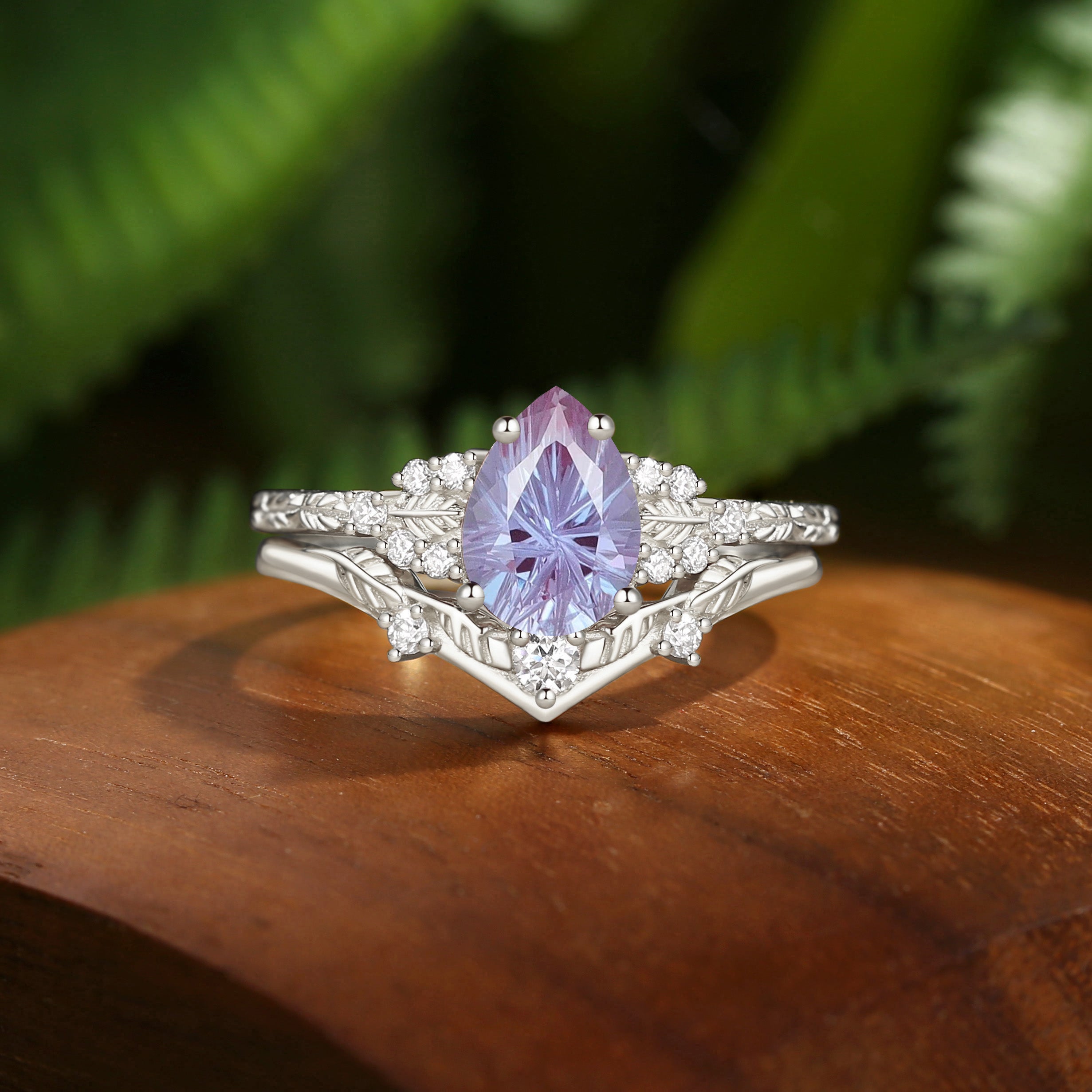 Hortense -  Leaf Nature Inspired Firework Cut Alexandrite Engagement Ring Set 2pcs