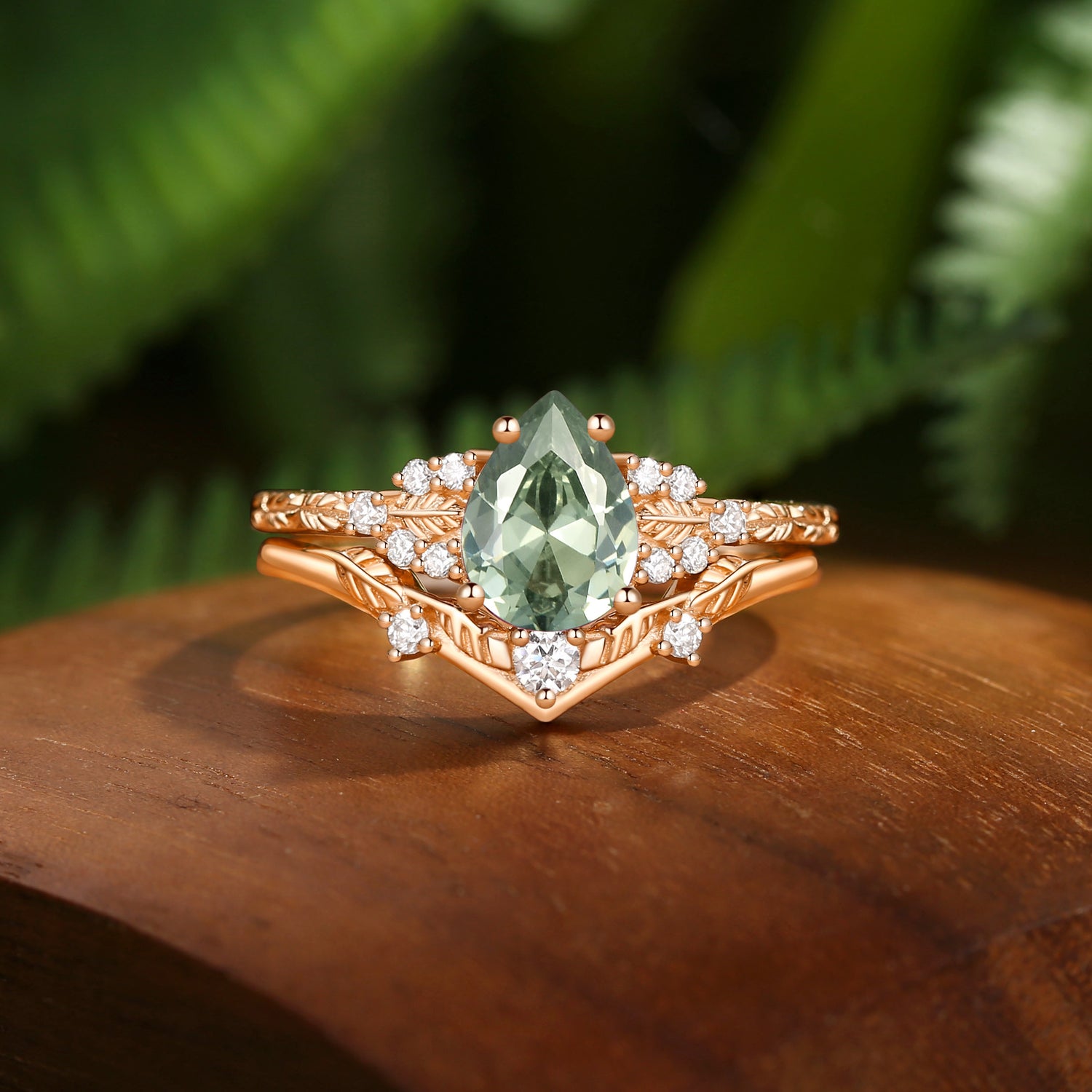 Hortense -  Leaf Nature Inspired Pear Cut Lab Green Sapphire Engagement Ring Set 2pcs