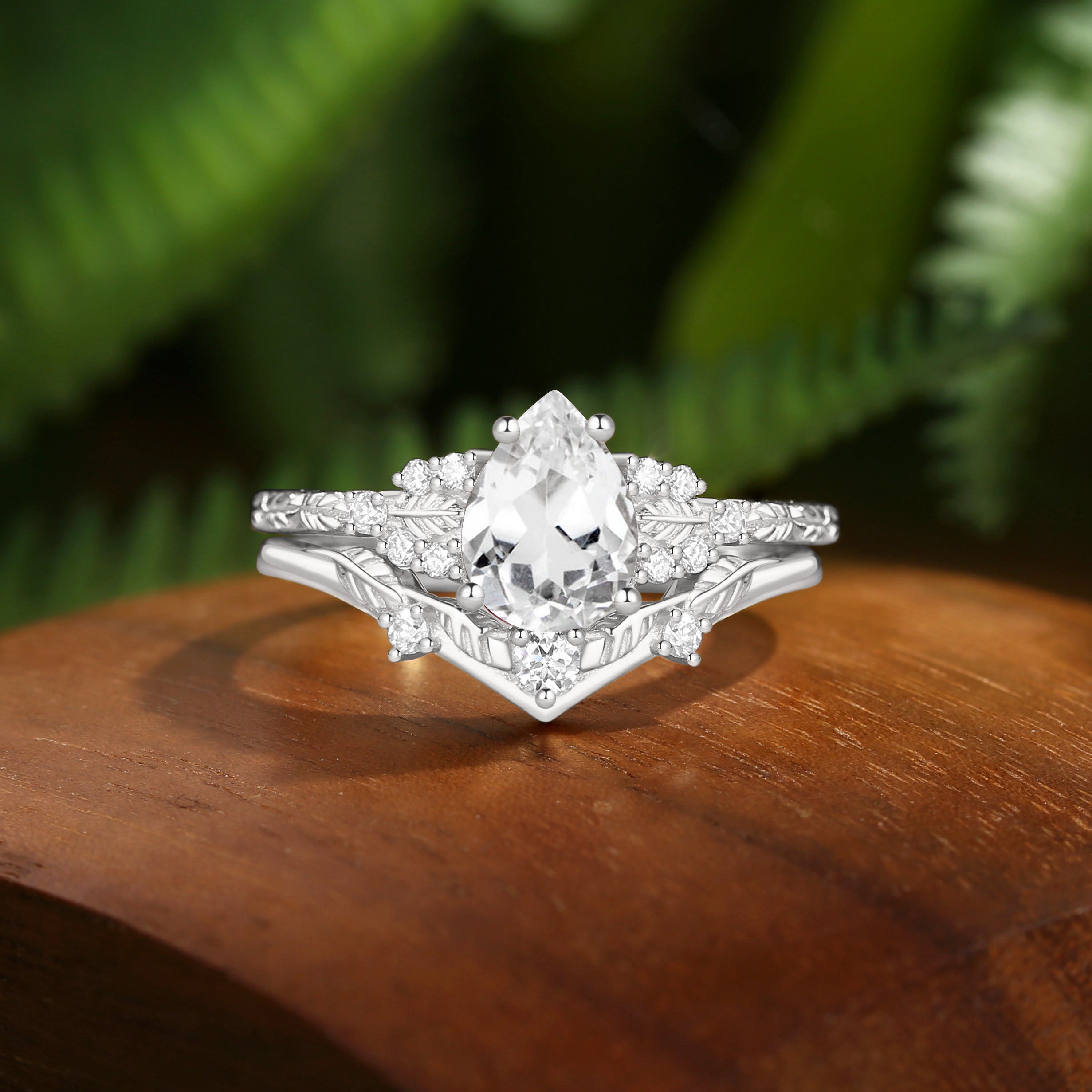 Leaf Nature Inspired Pear Cut White Sapphire Engagement Ring Set 2pcs - Hortense
