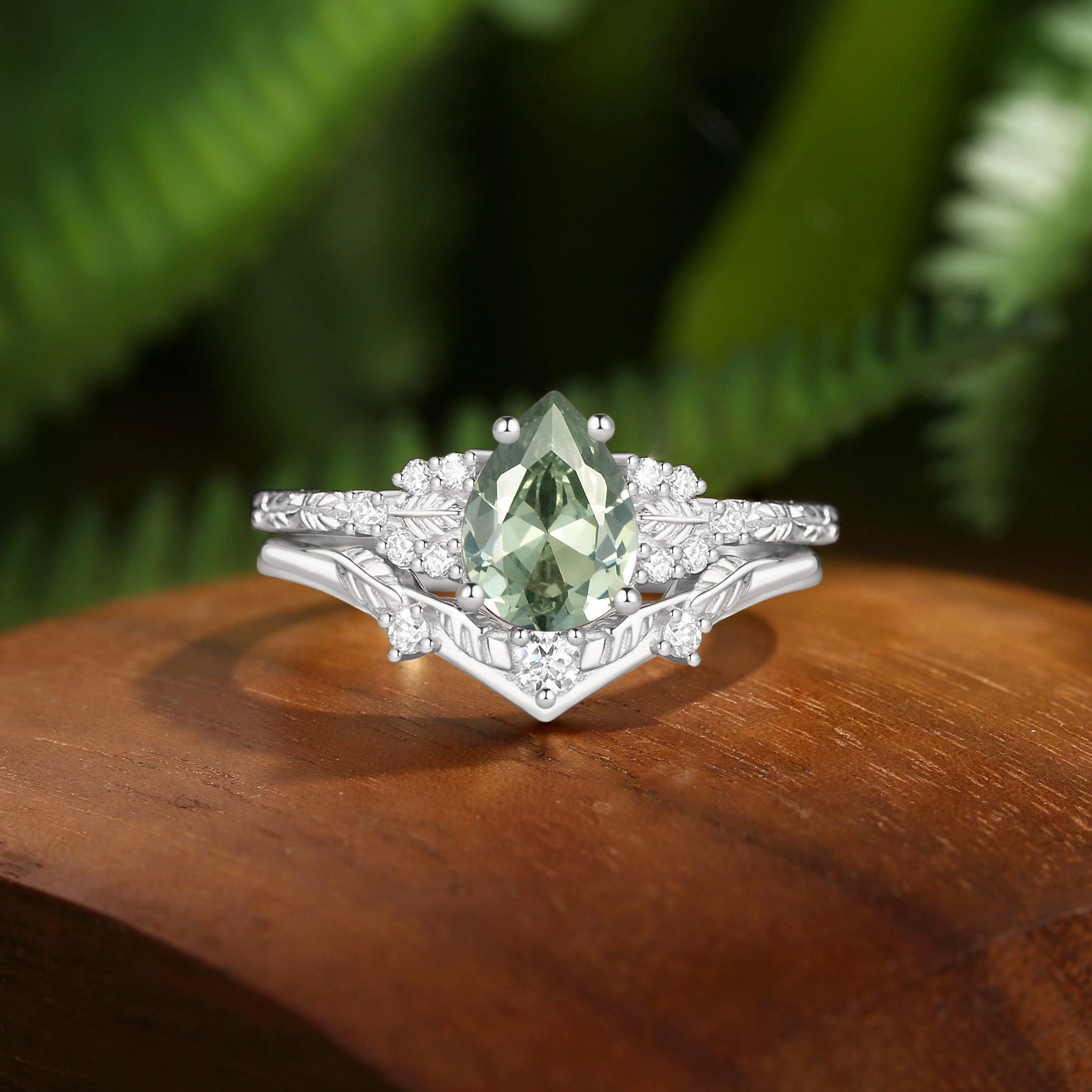 Hortense -  Leaf Nature Inspired Pear Cut Lab Green Sapphire Engagement Ring Set 2pcs
