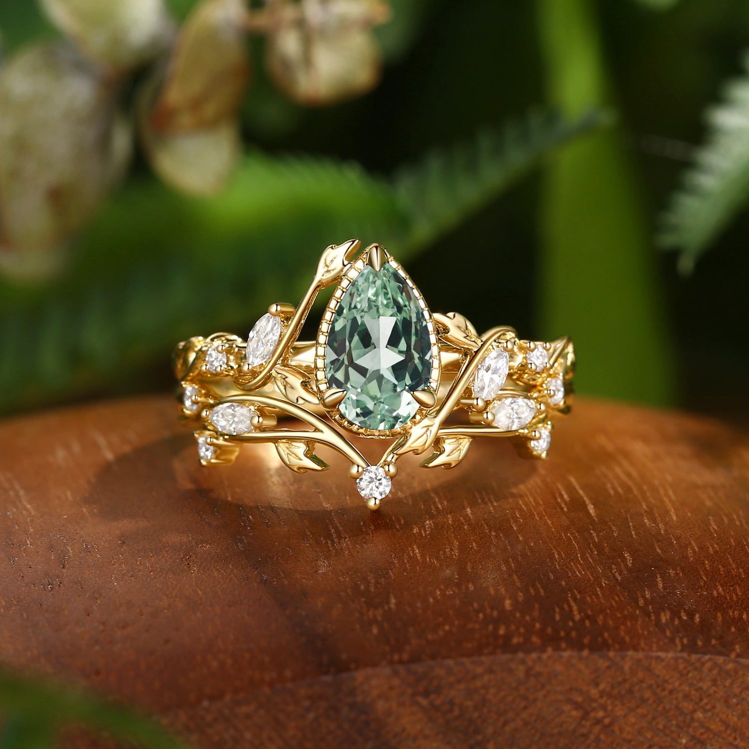 Nature Themed Lab Green Sapphire Engagement Ring Set 2pcs - Cranberry