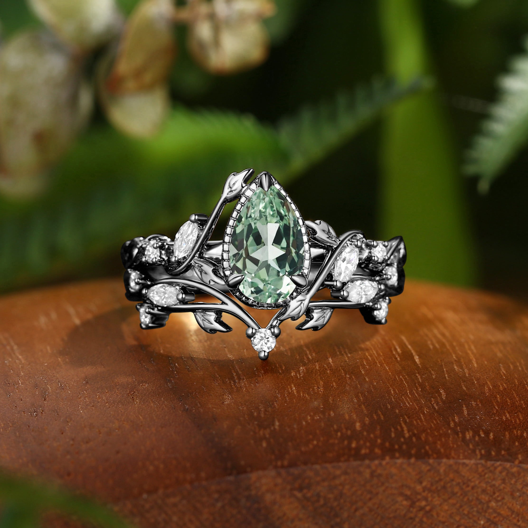 Nature Themed Lab Green Sapphire Engagement Ring Set 2pcs - Cranberry