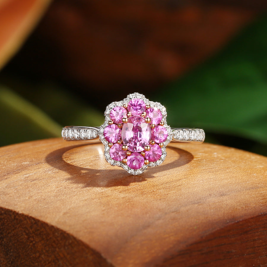Flower Oval Cut Pink Sapphire Bouble Halo Engagement Ring