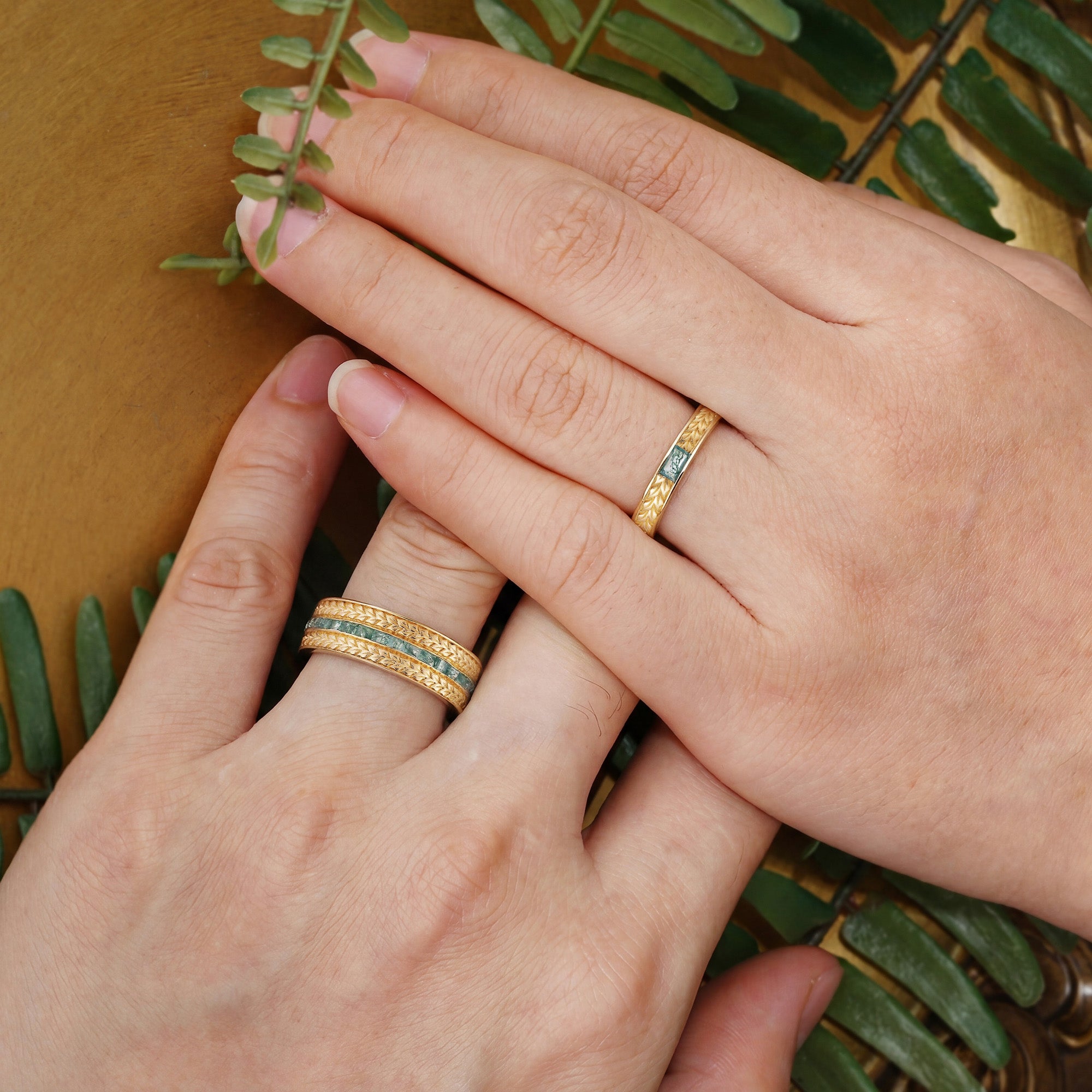 Wheat Harvest Moss Agate Baguette Engraved Couple Wedding Band - Velda