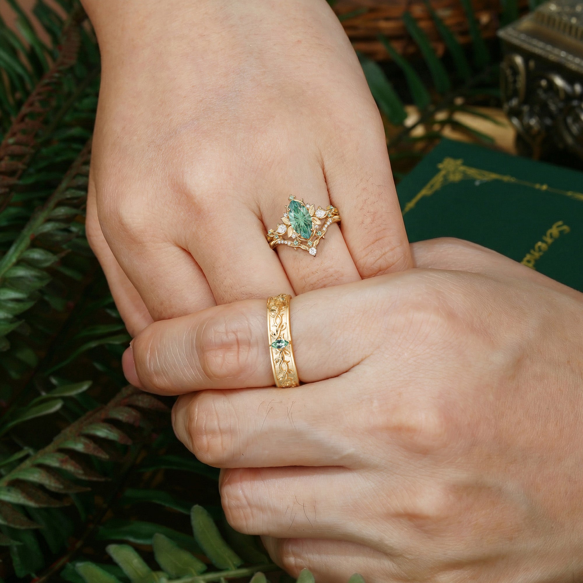 Forest Fairy Marquise Firework Cut Green Sapphire Leafy Inspired Couple Ring Set - Liliosa