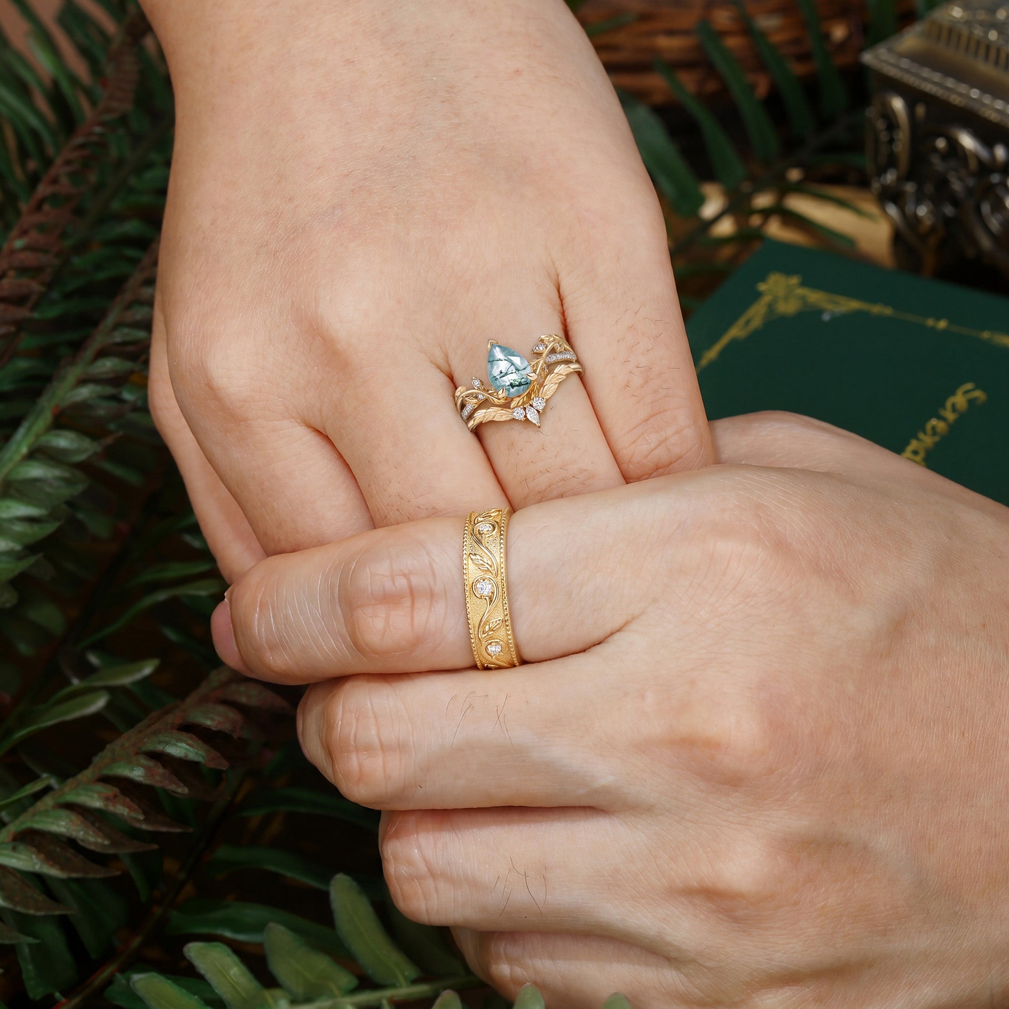 Jora - Pear Cut Moss Agate Cluster Couple Ring Set