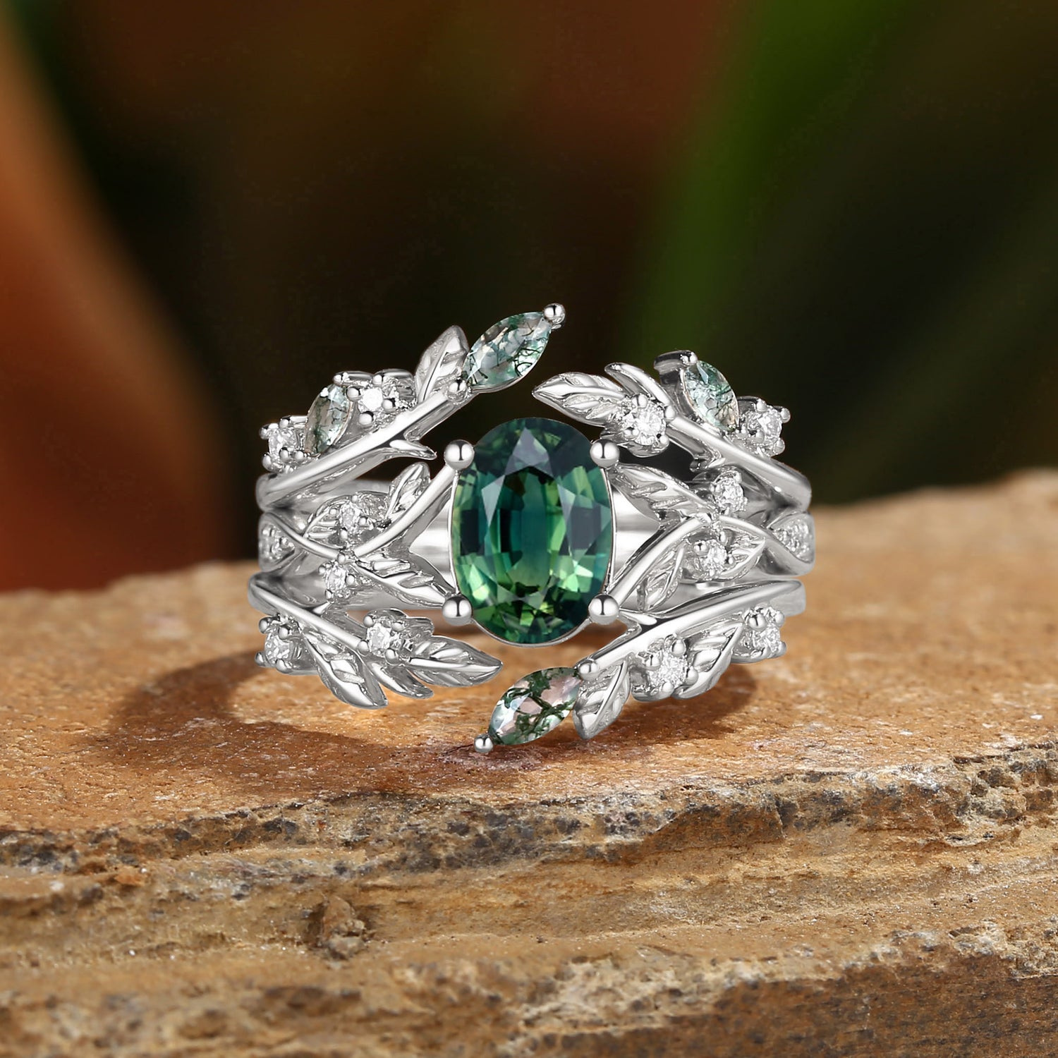 Bellamy - Natural Blue Green Sapphire Leaf Ring Set 3pcs