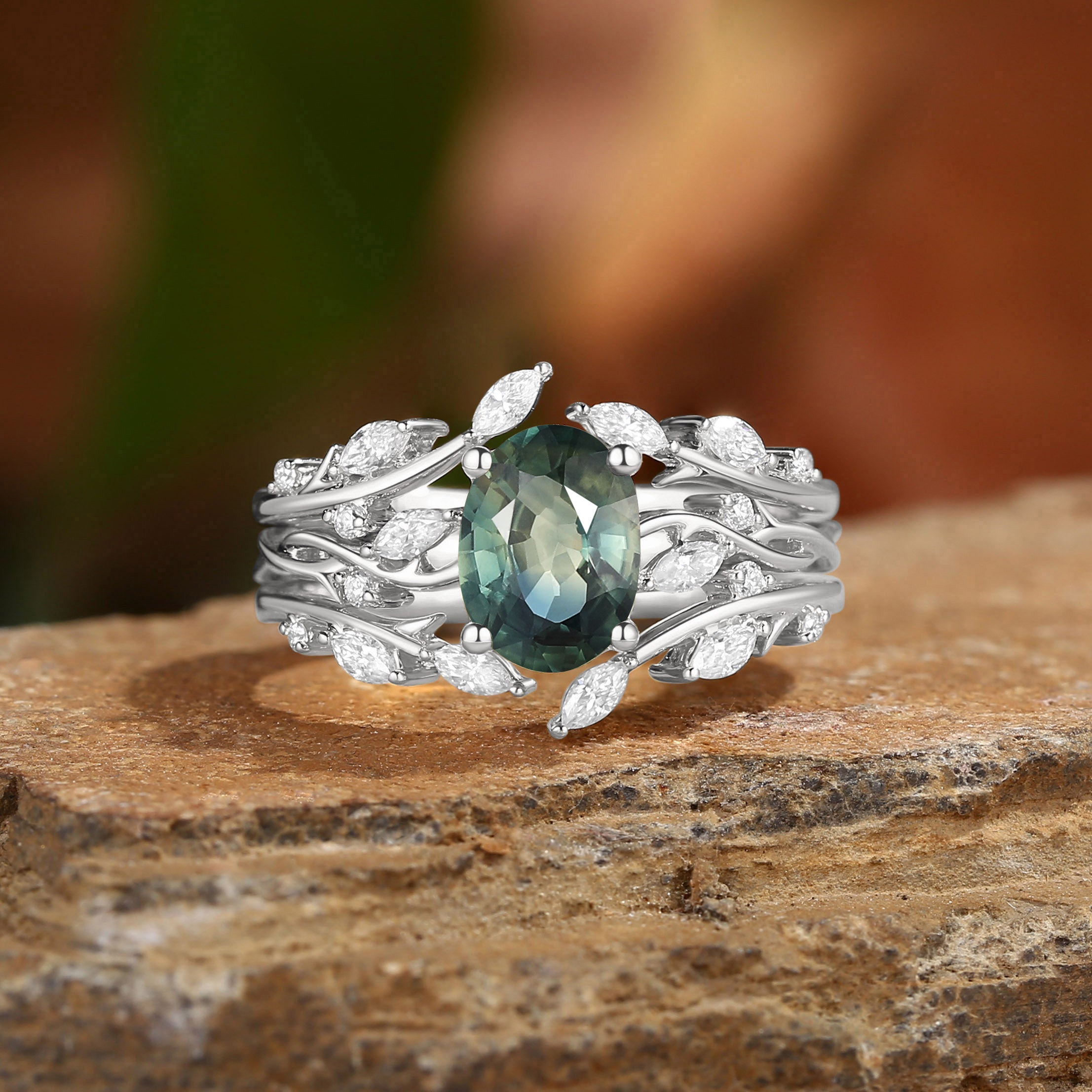 Oval Cut Natural BLue Green Sapphire Cluster Ring Set 3pcs - Brianna