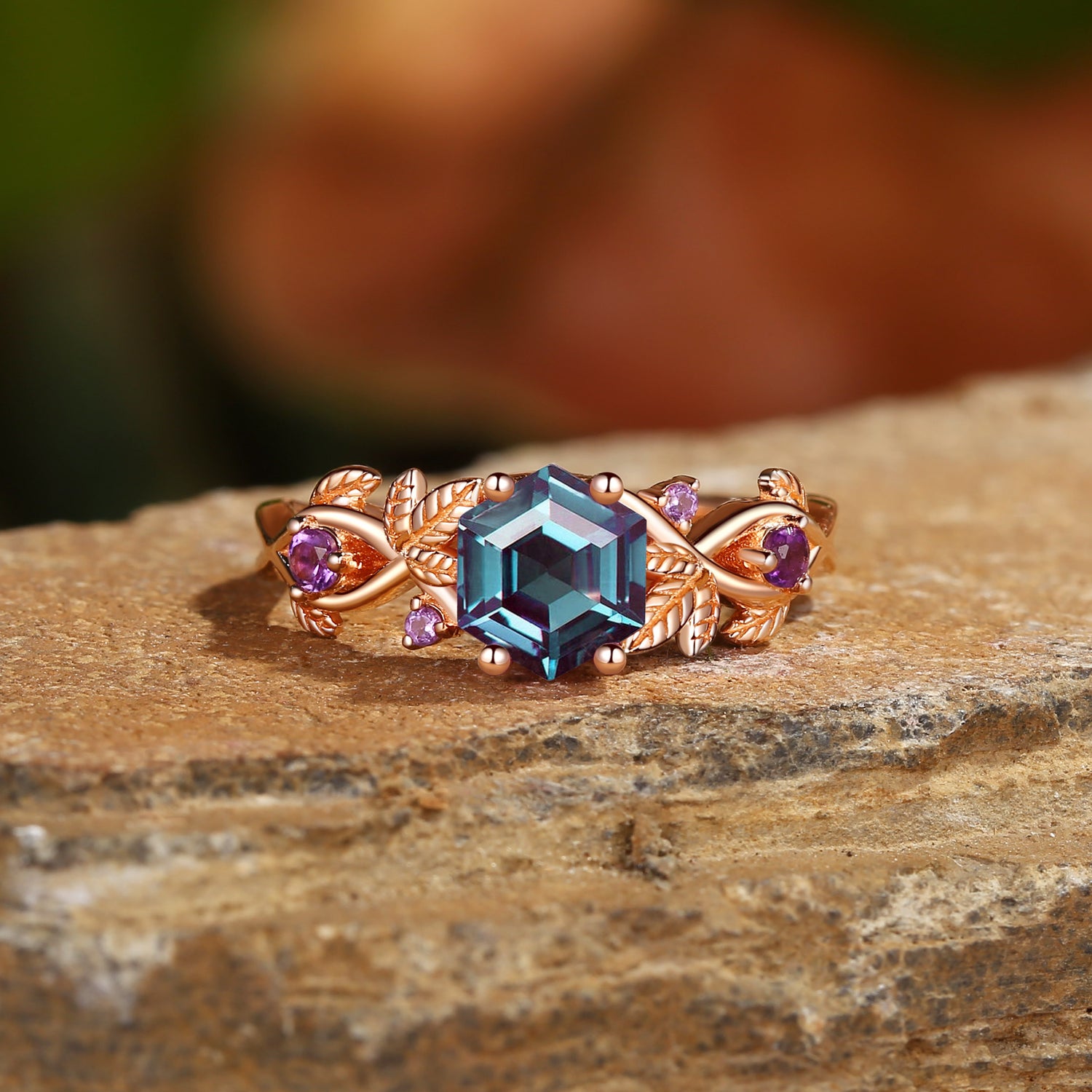 Halia - Vine Hexagon Cut Lab Alexandrite Leafy  Engagement Ring