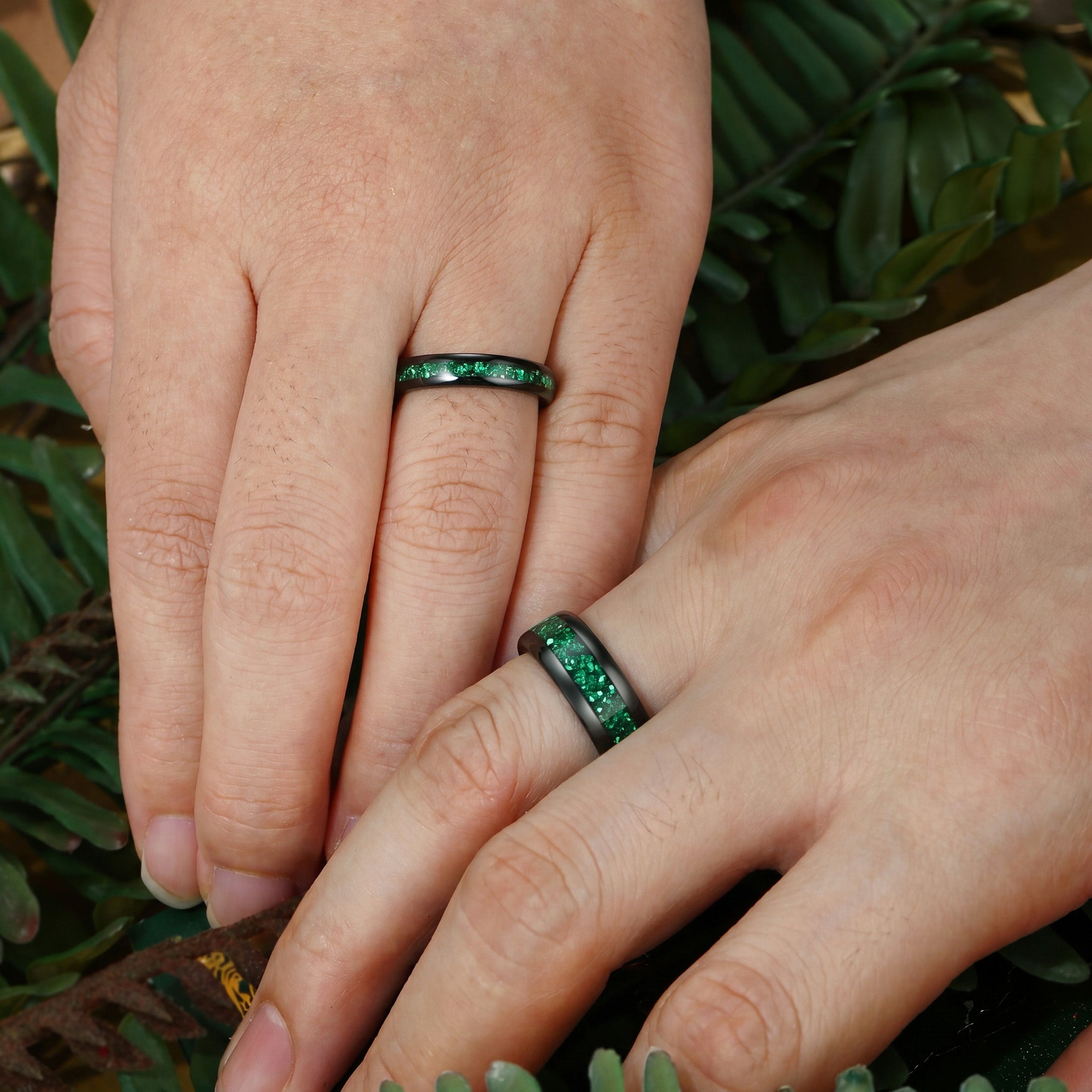 Emerald Green Crushed Tungsten Promise Couple Ring