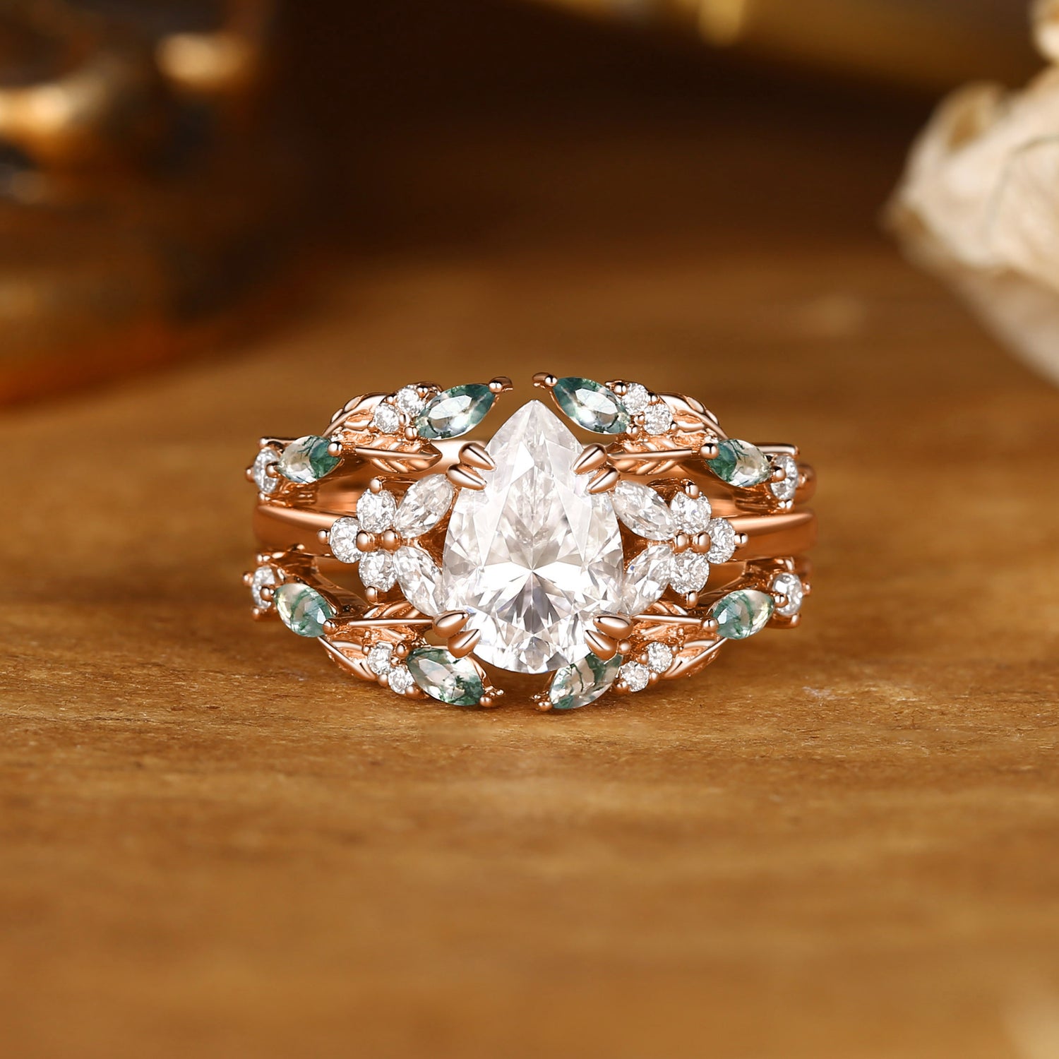 Jasmine - Vintage Pear Cut Moissanite Cluster Moss Agate Leaf Ring Bridal Set