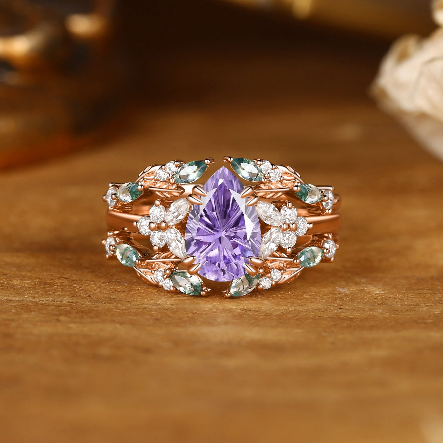 Jasmine - Firework Cut Purple Sapphire Leaf Ring Bridal Set 2PCS