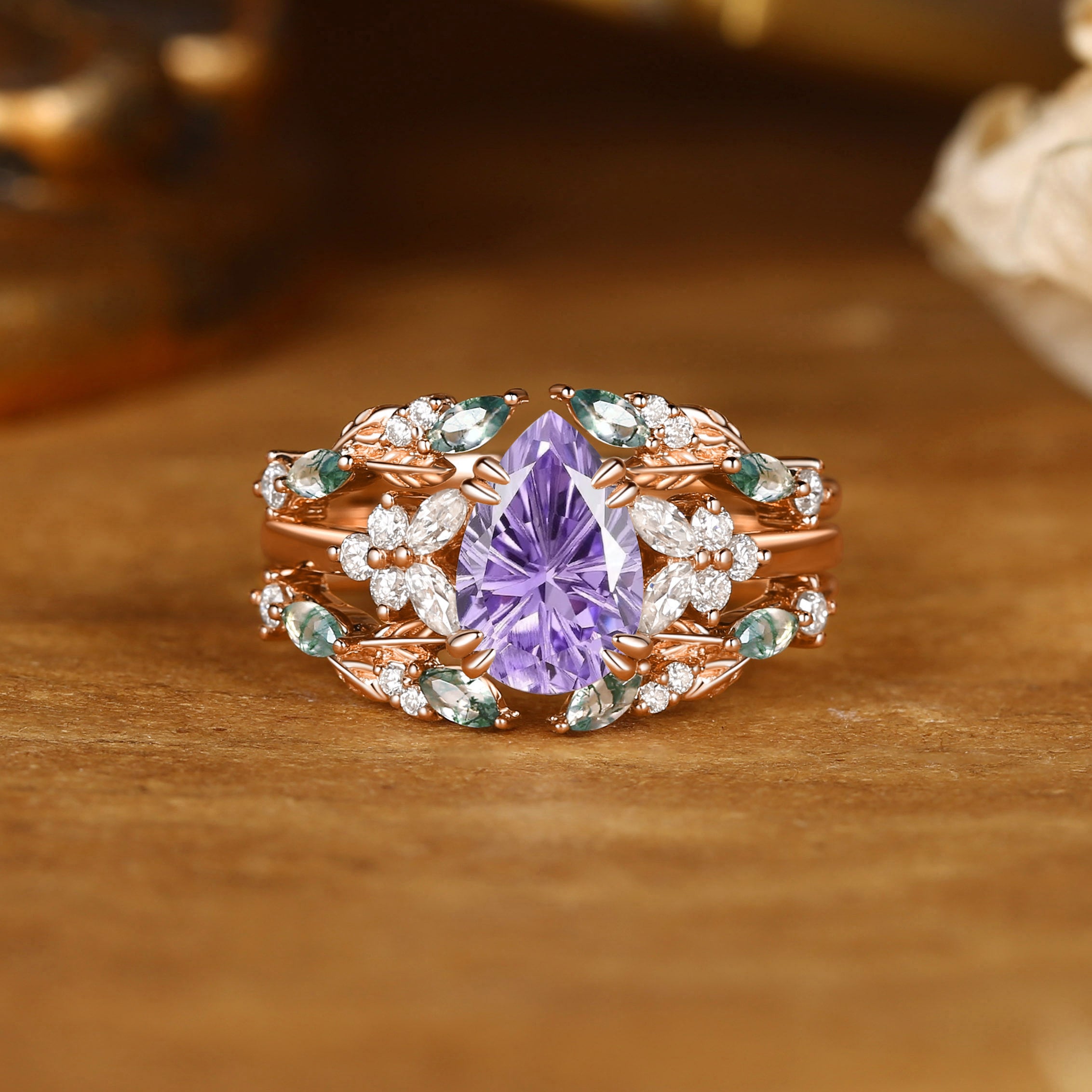 Jasmine - Firework Cut Purple Sapphire Leaf Ring Bridal Set 2PCS