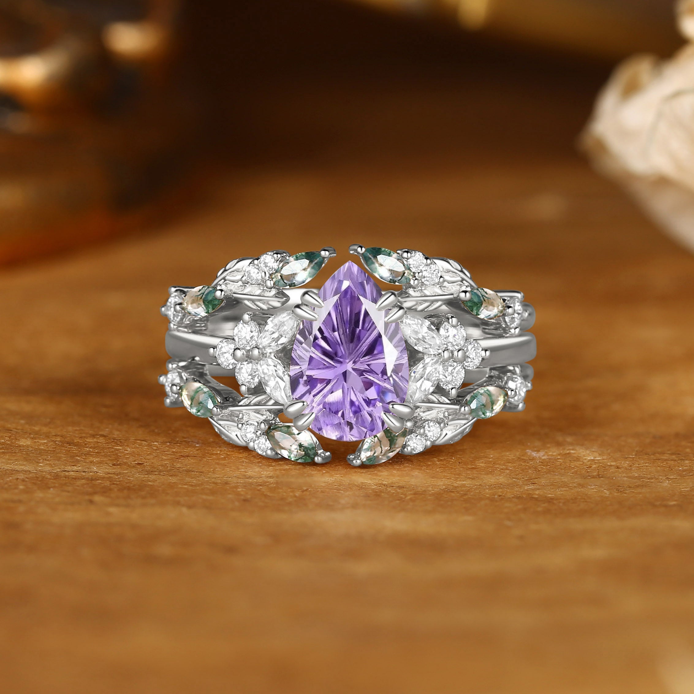 Jasmine - Firework Cut Purple Sapphire Leaf Ring Bridal Set 2PCS